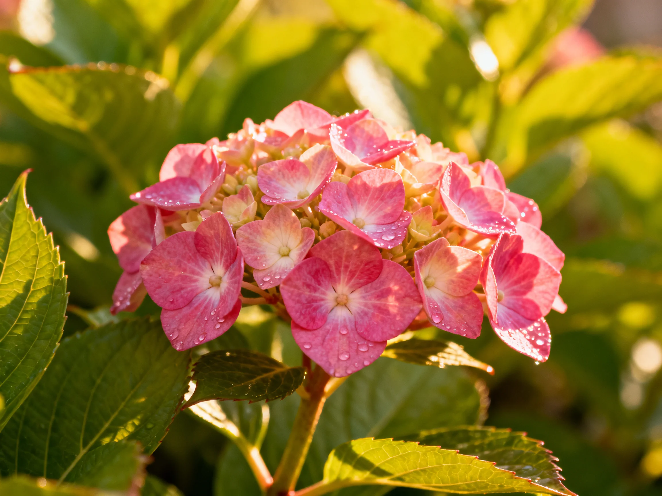 Pink hydrangea blooms with dewdrops amid lush green foliage