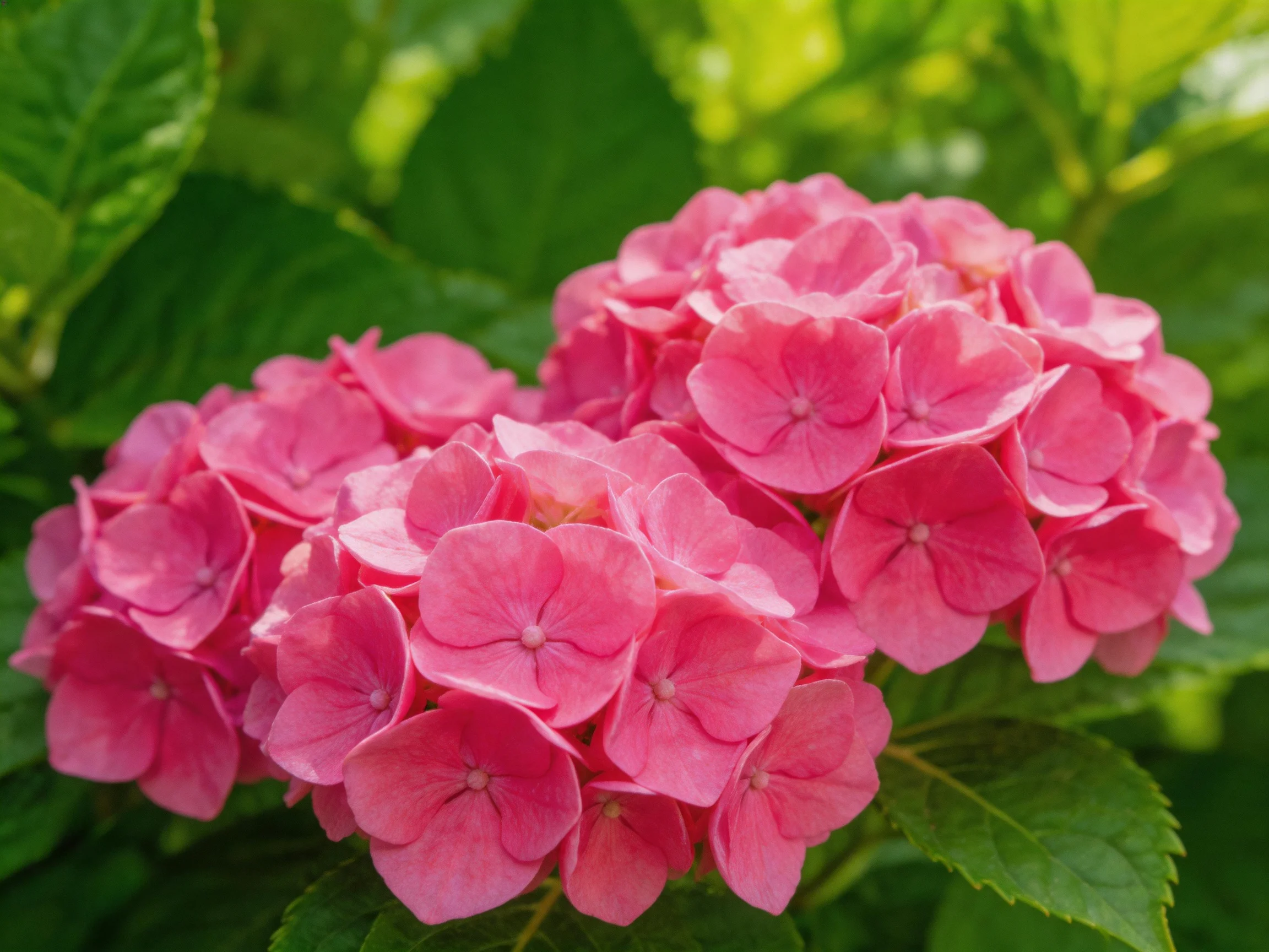 Pink hydrangea bloomscluster among lush green foliage