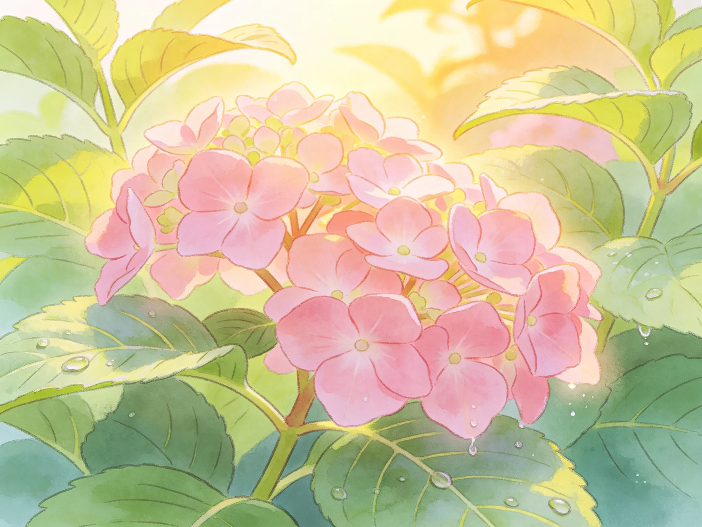 Pink hydrangea cluster with dewy green foliage under golden light