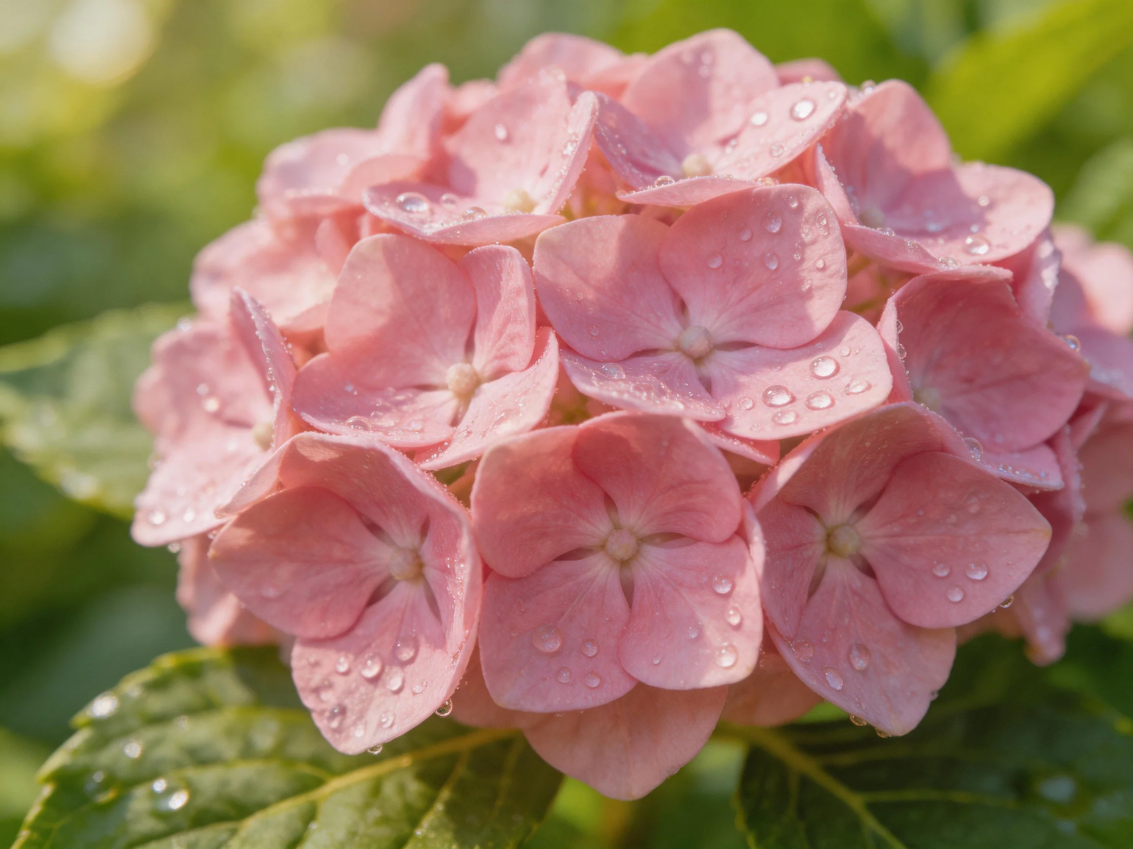 Pink hydrangea cluster with dewy petals and green foliage