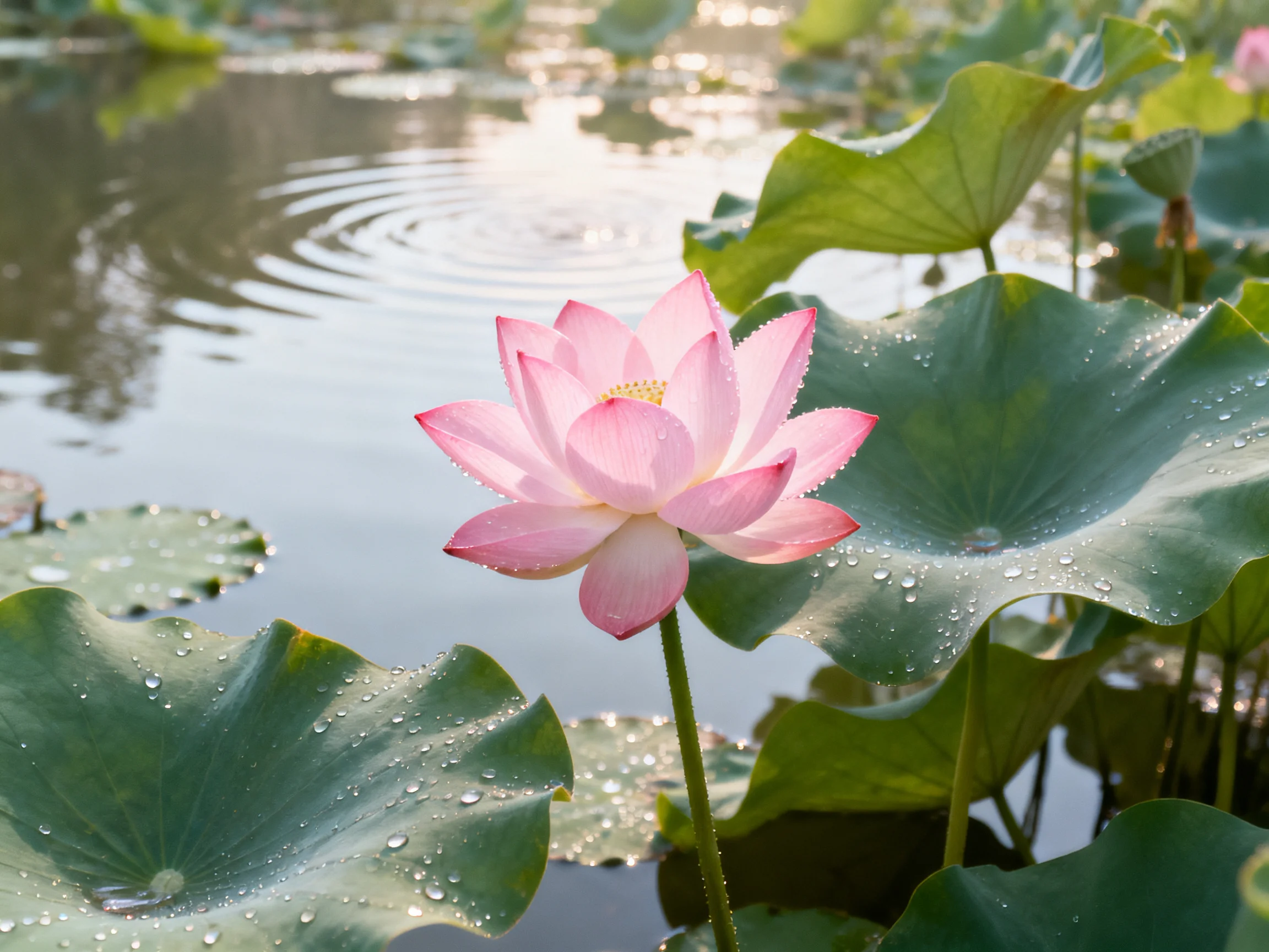 Pink lotus blooms among large green lily pads by serene pond
