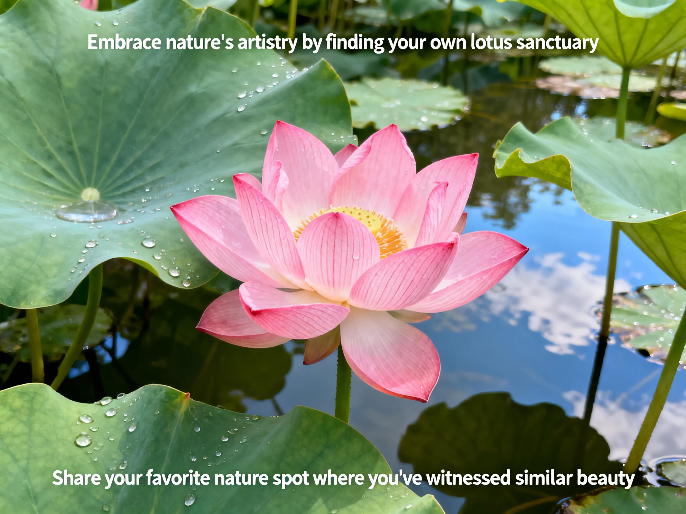 Pink lotus flower amid large green lily pads and calm water