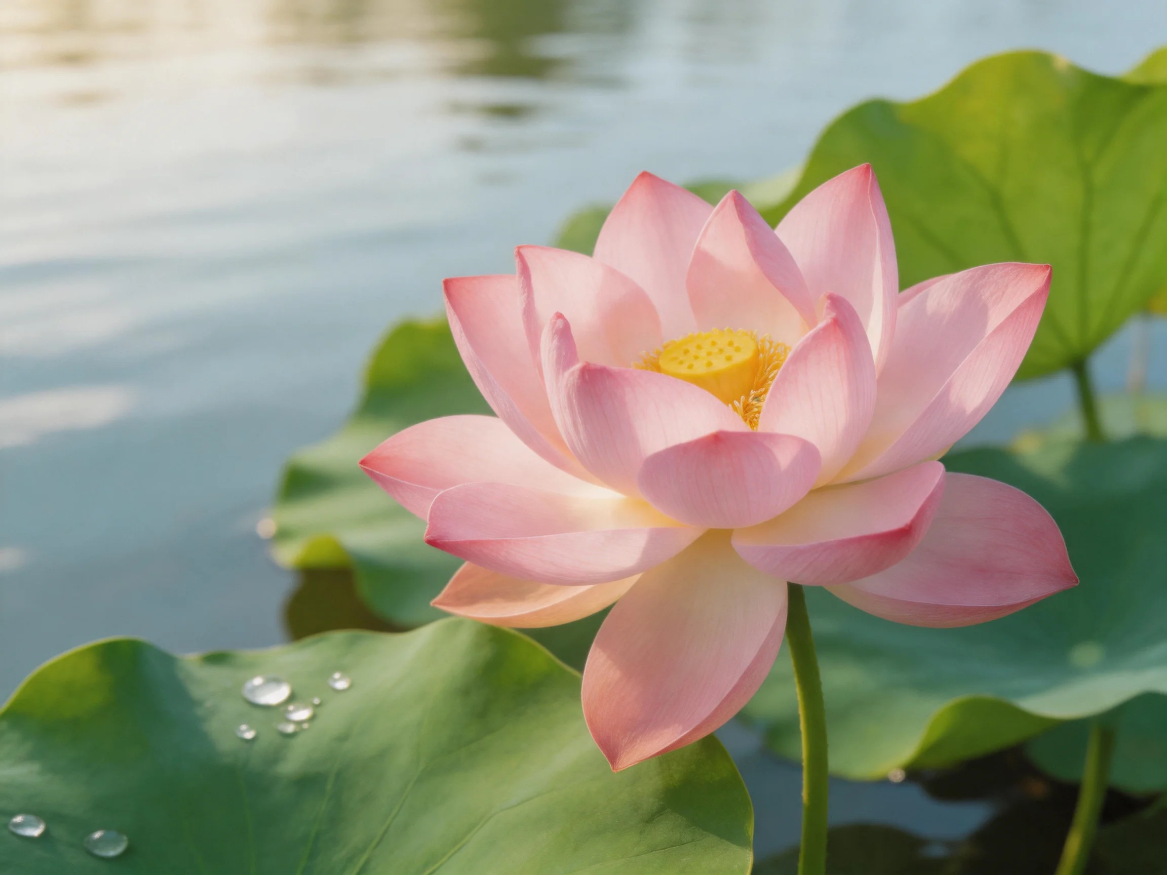 Pink lotus flower blooming among large green lily pads by calm water