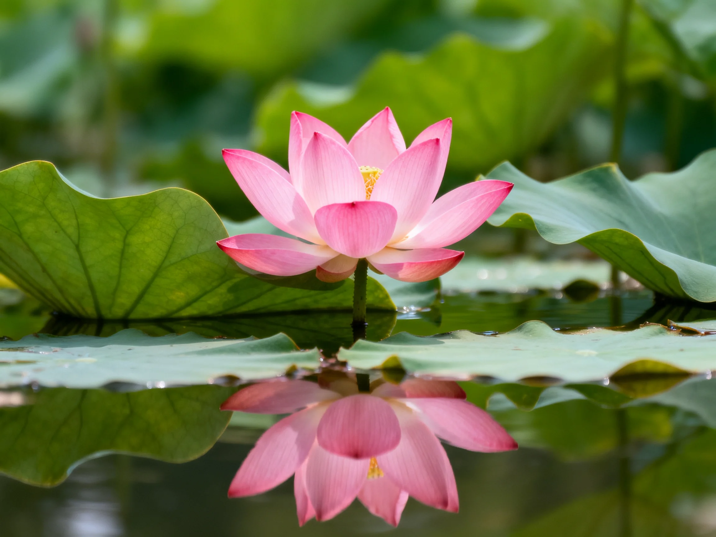 Pink lotus flower blooming among large green lily pads with water reflection
