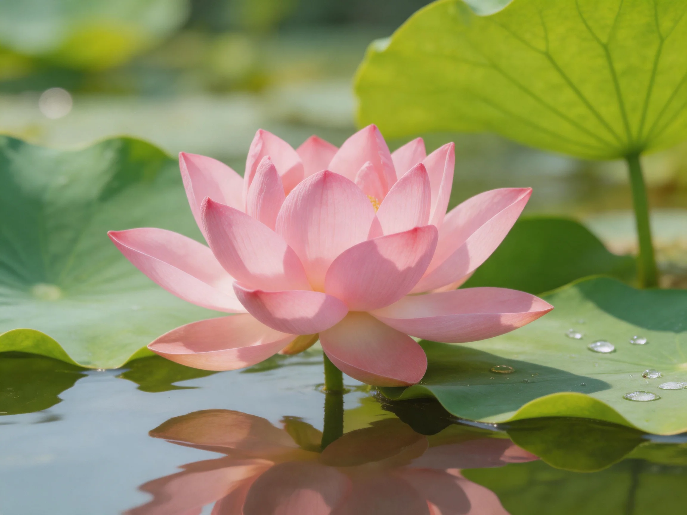 Pink lotus flower blooming near large green lily pads over calm water