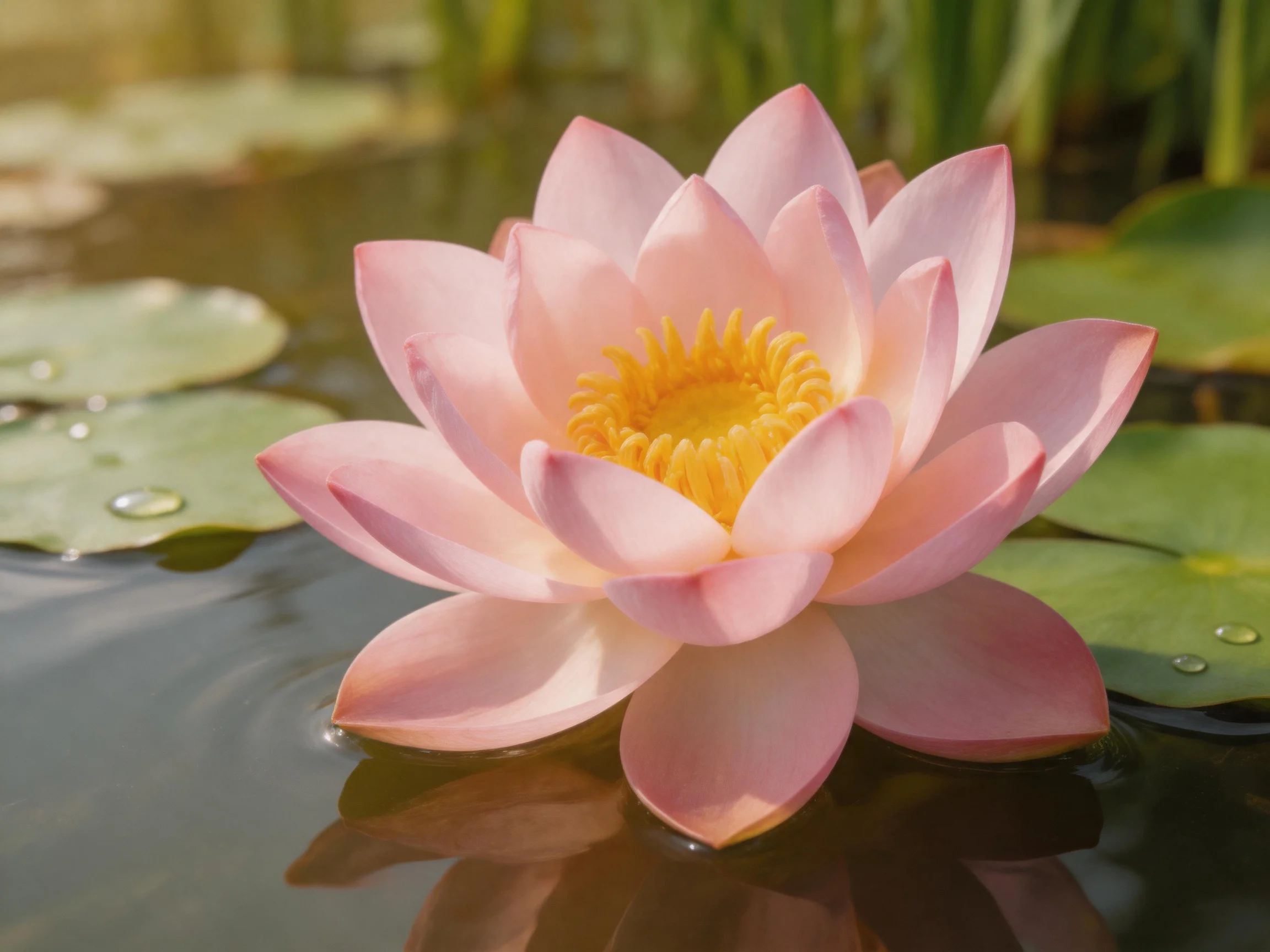 Pink lotus flower blooming on calm water with green lily pads