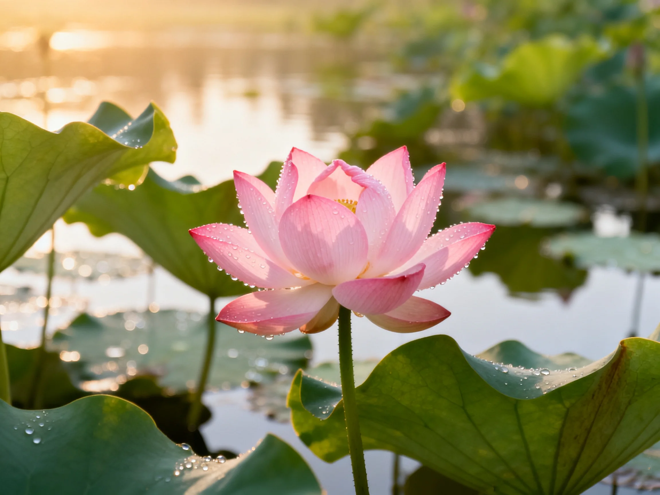 Pink lotus flower with dewdrops amidst large green lily pads by calm water