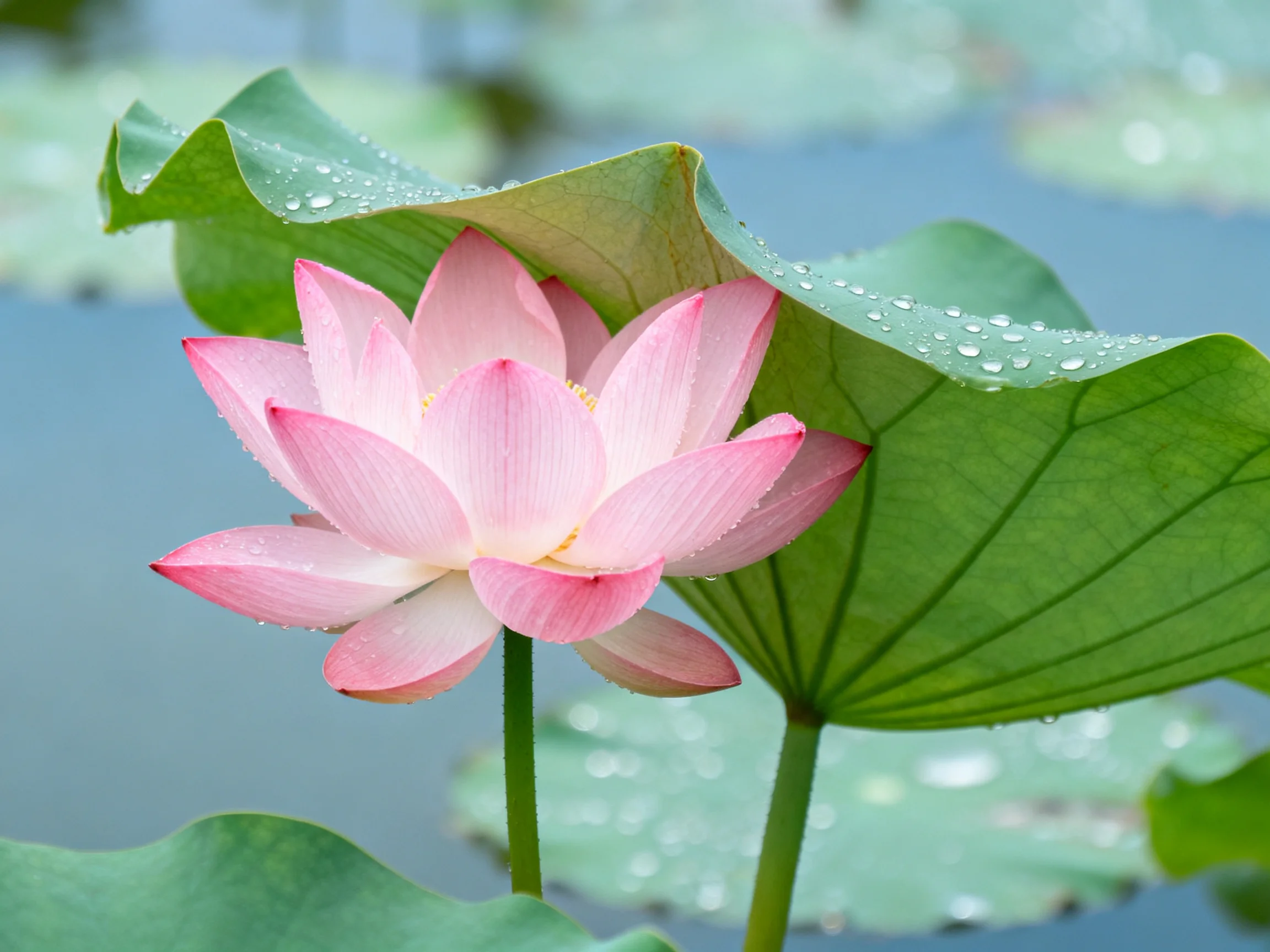 Pink lotus flower with dewy green lily pads near calm water