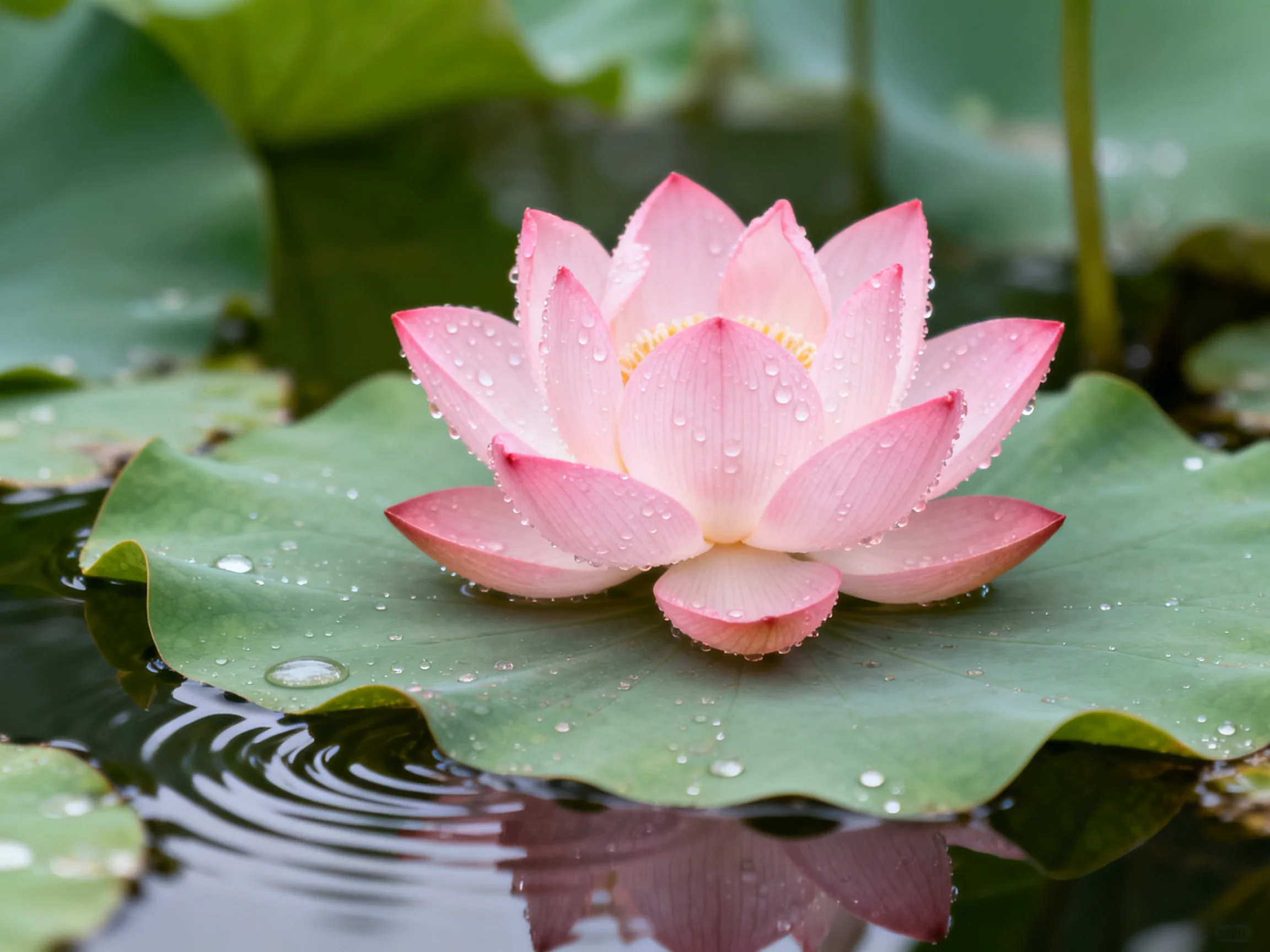 Pink lotus with dew drops blooming on a large green lily pad