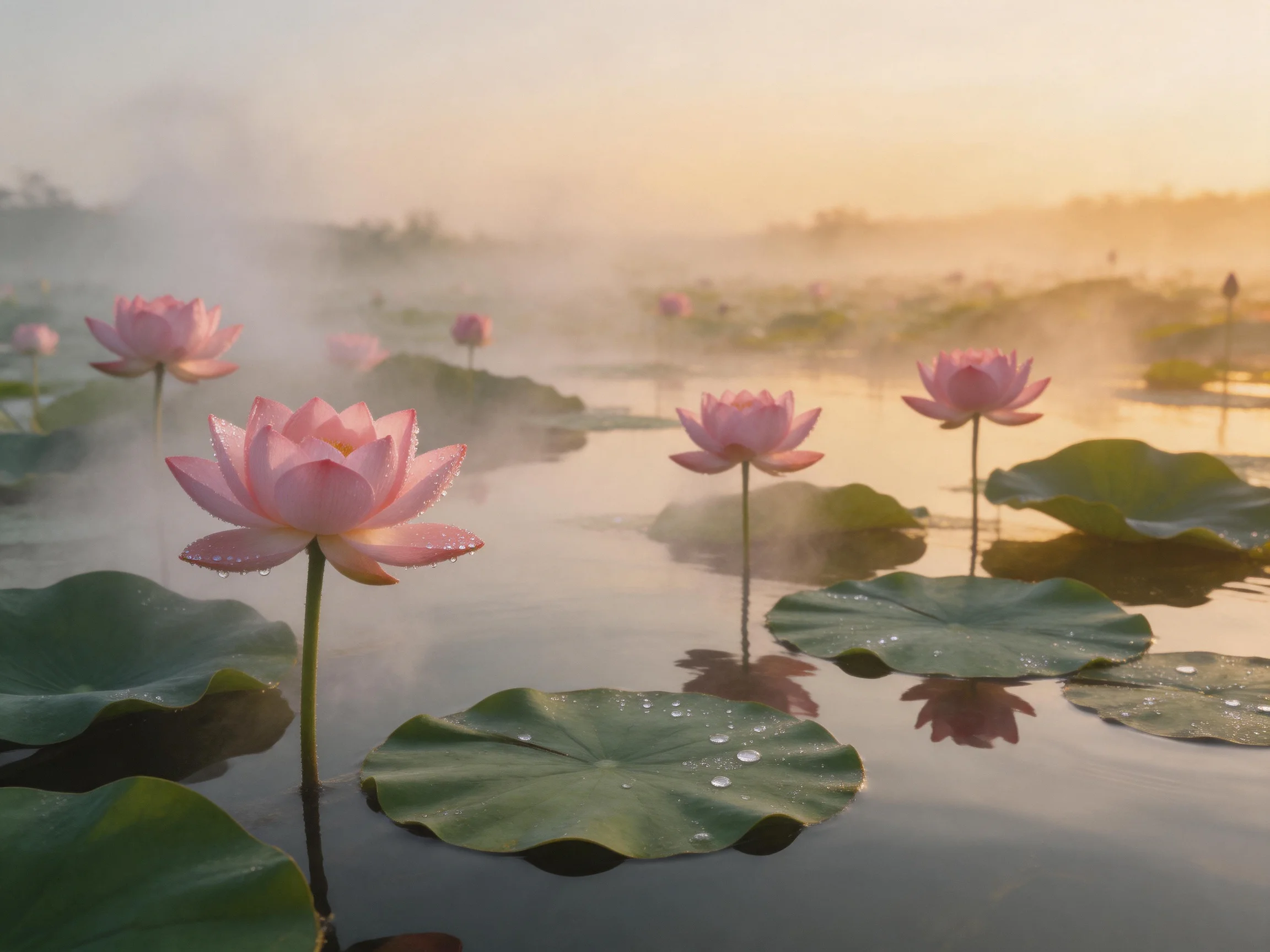 Pink lotuses and green lily pads float in a misty water scene at dawn.