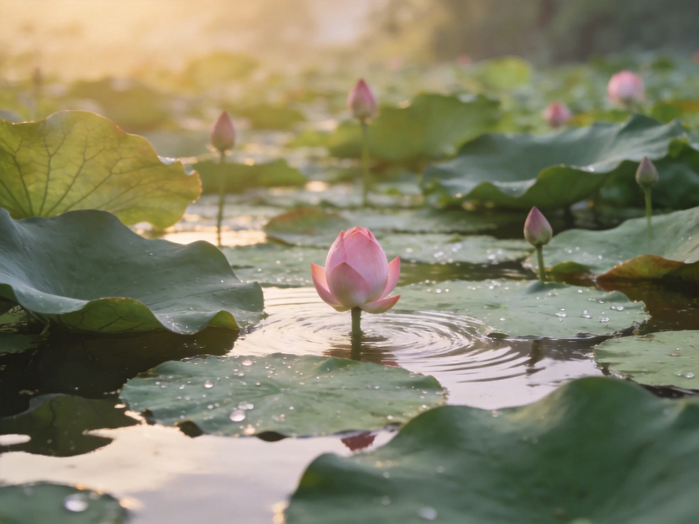 Pink lotuses and lily pads in a tranquil pond