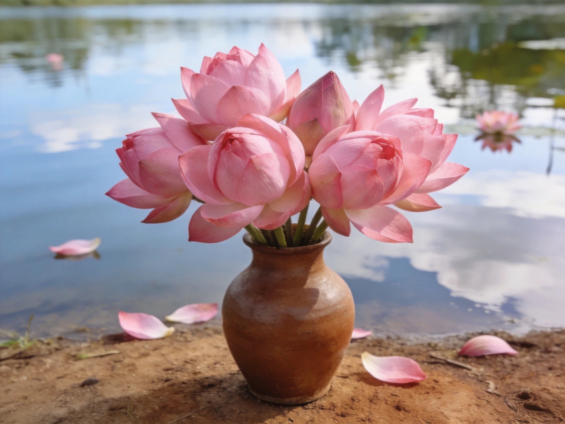 Pink lotuses arranged in a brown vase by a calm lake