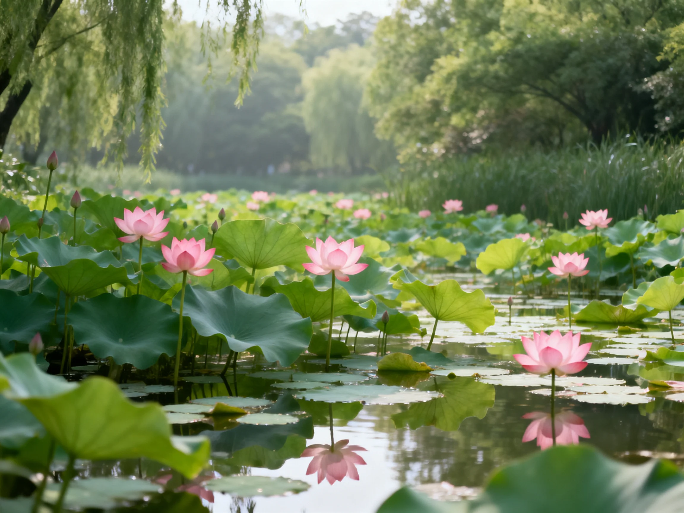 Pink lotuses bloom among large green leaves in a tranquil pond