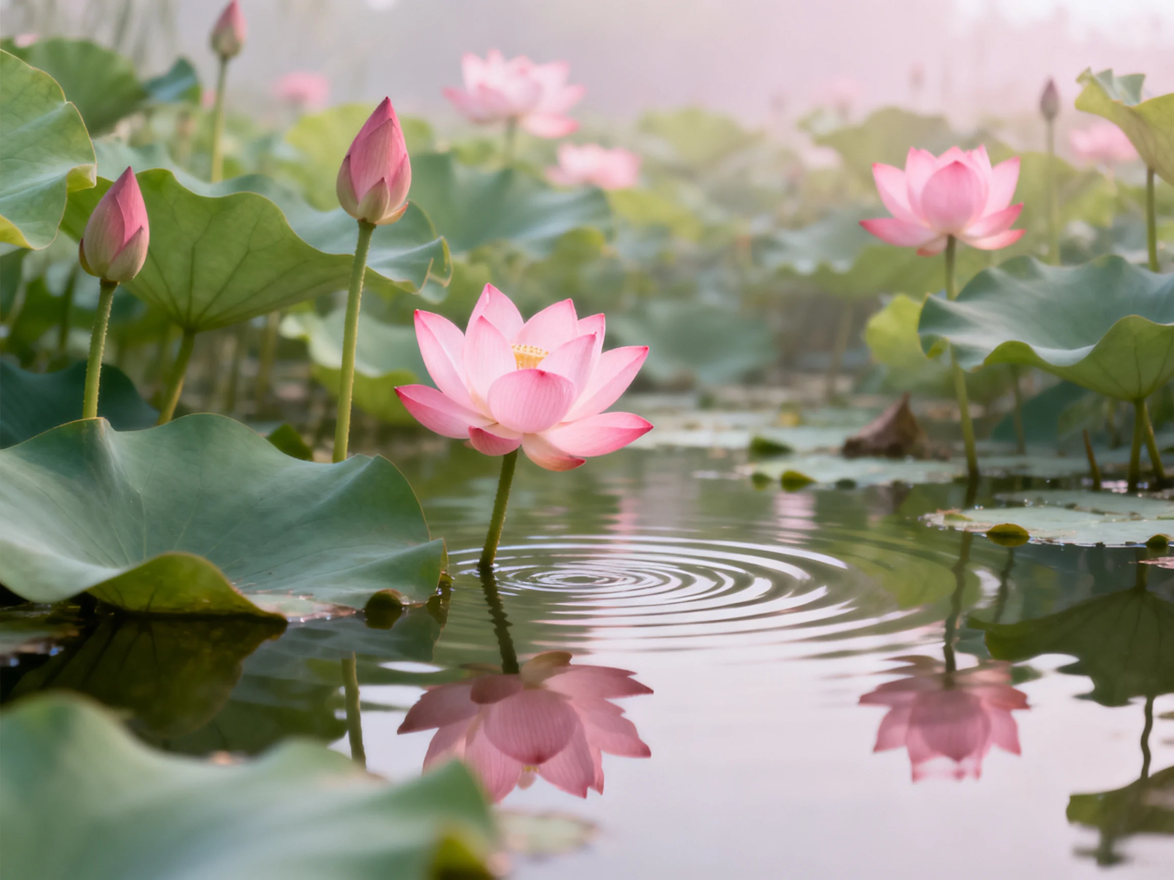 Pink lotuses bloom among large green leaves in calm, reflective water