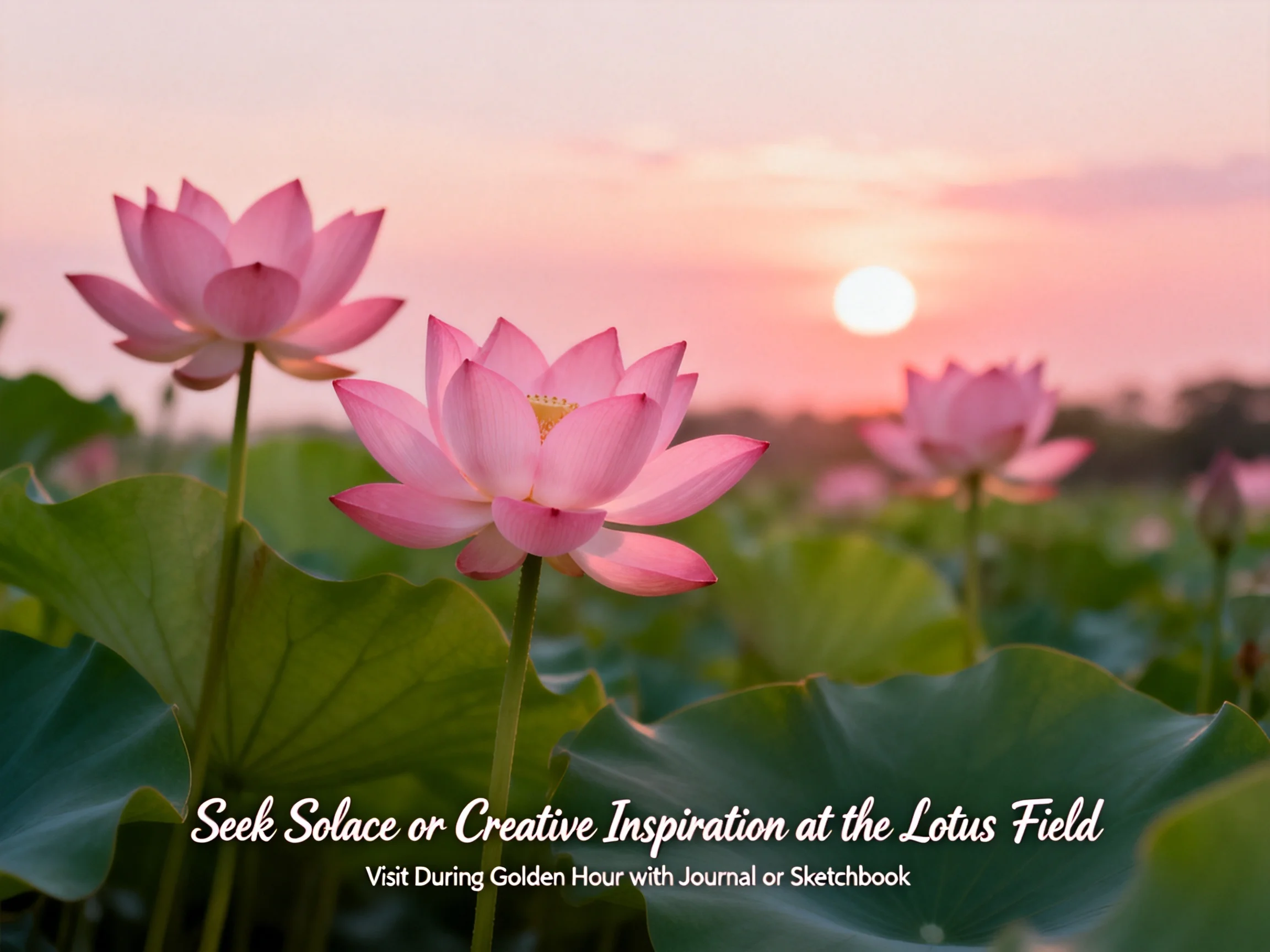 Pink lotuses bloom among large green lily pads under a soft pink sunset sky