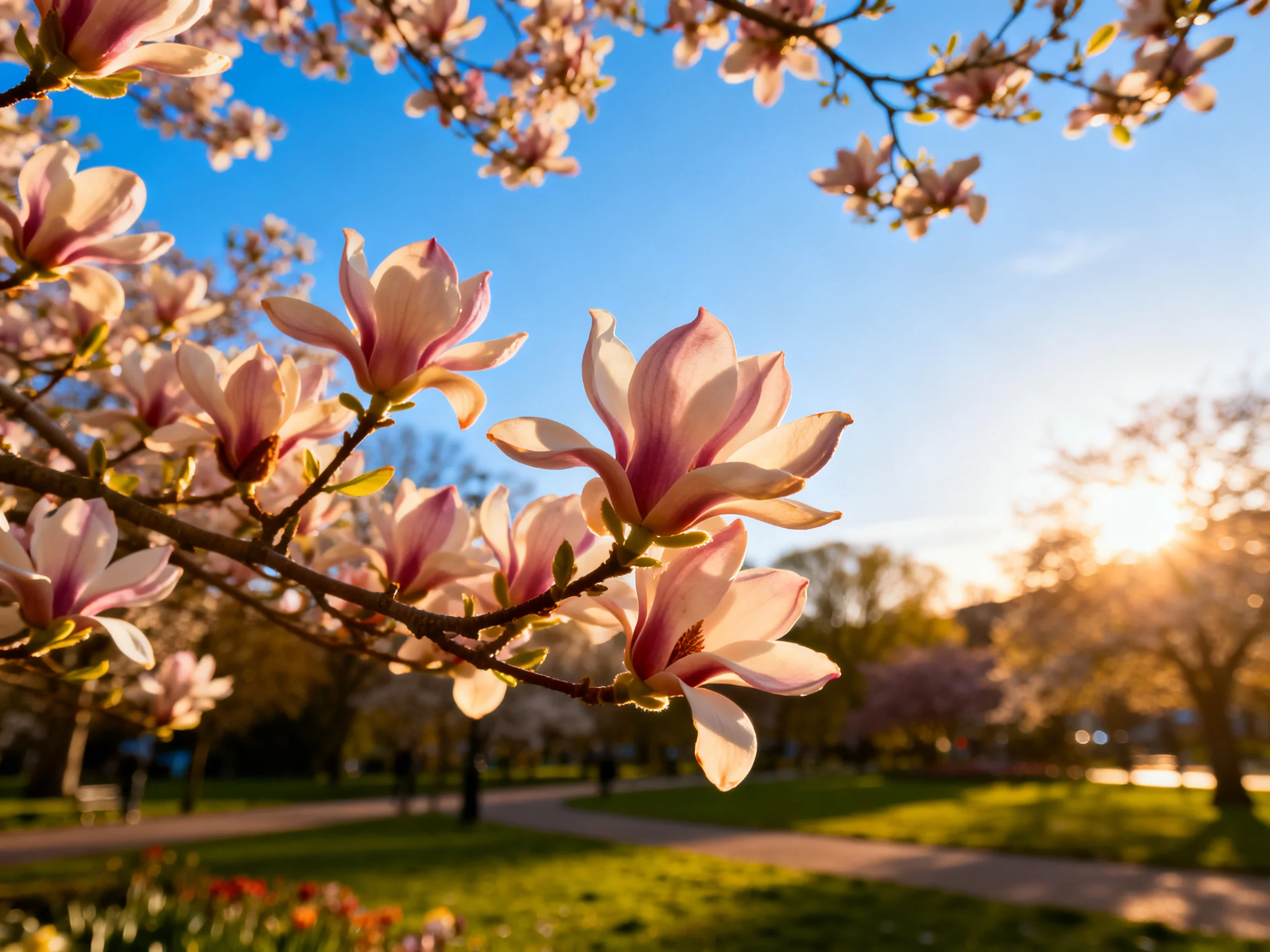 Pink magnolia blooms thrive under a clear blue sky
