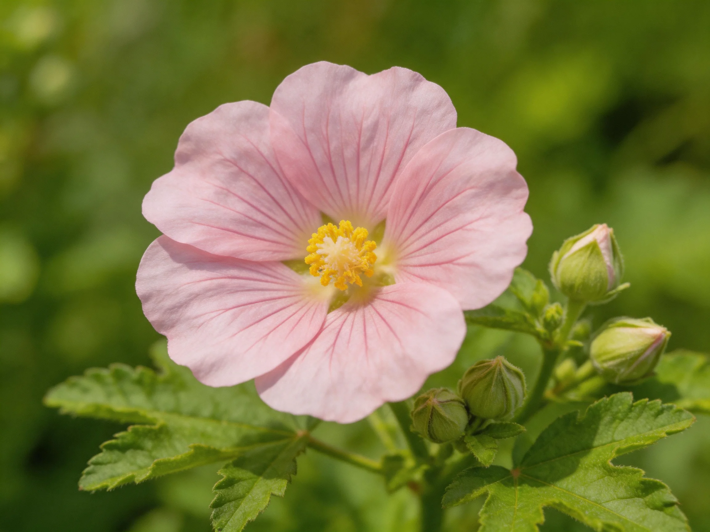 Pink mallow flower with green buds and leaves