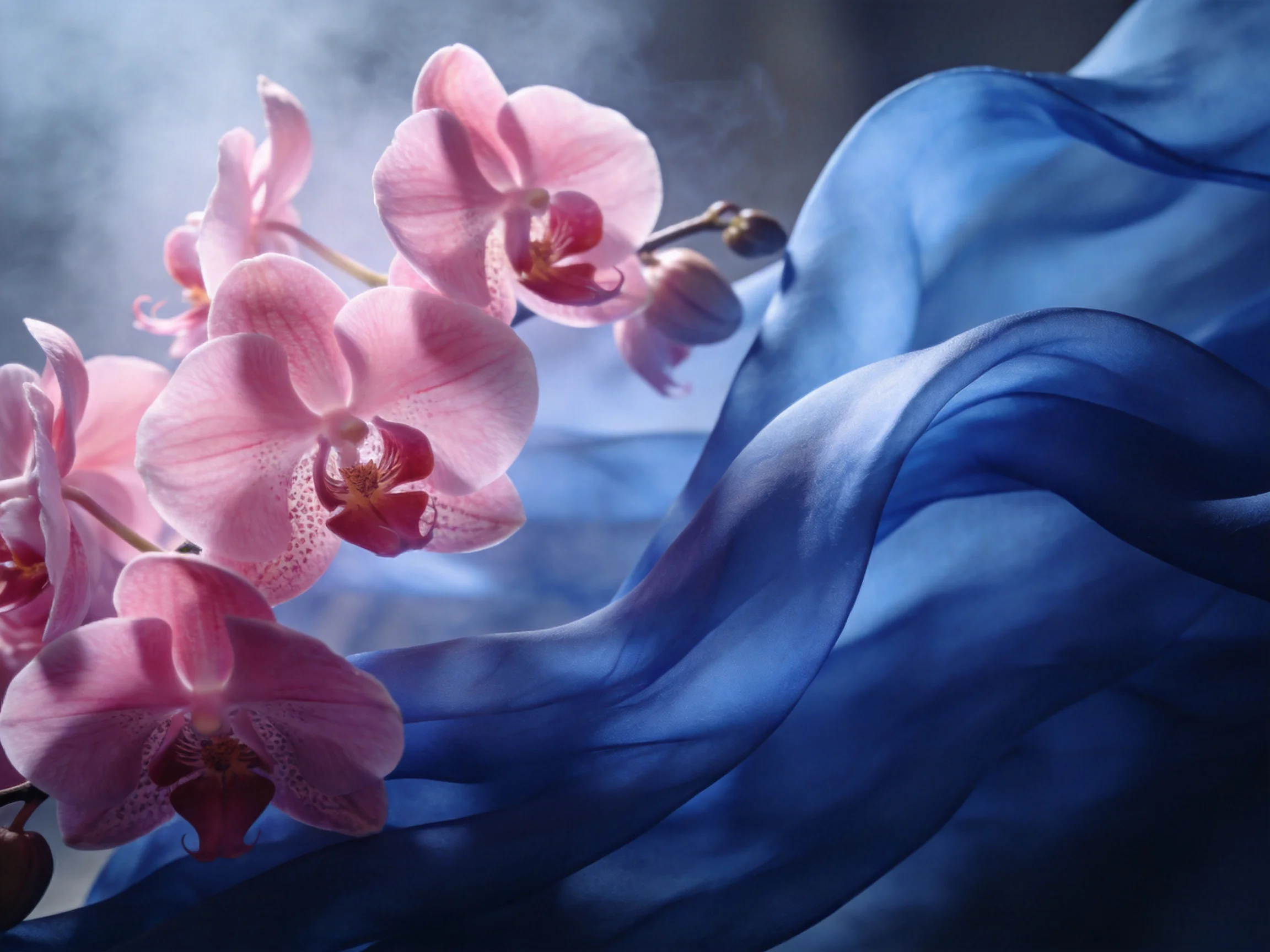 Pink orchid blossoms beside flowing blue fabric with soft lighting