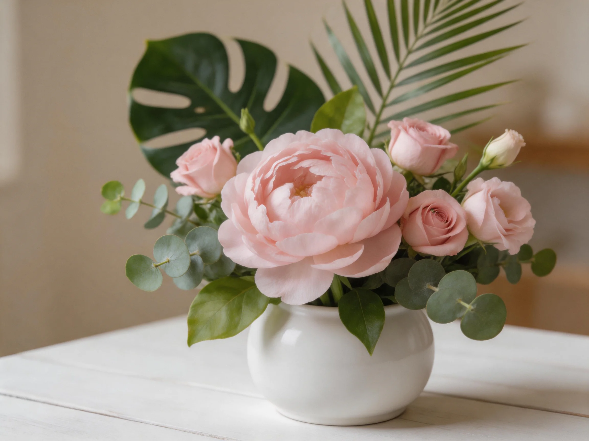 Pink peonies and roses arranged with tropical greens in a white vase