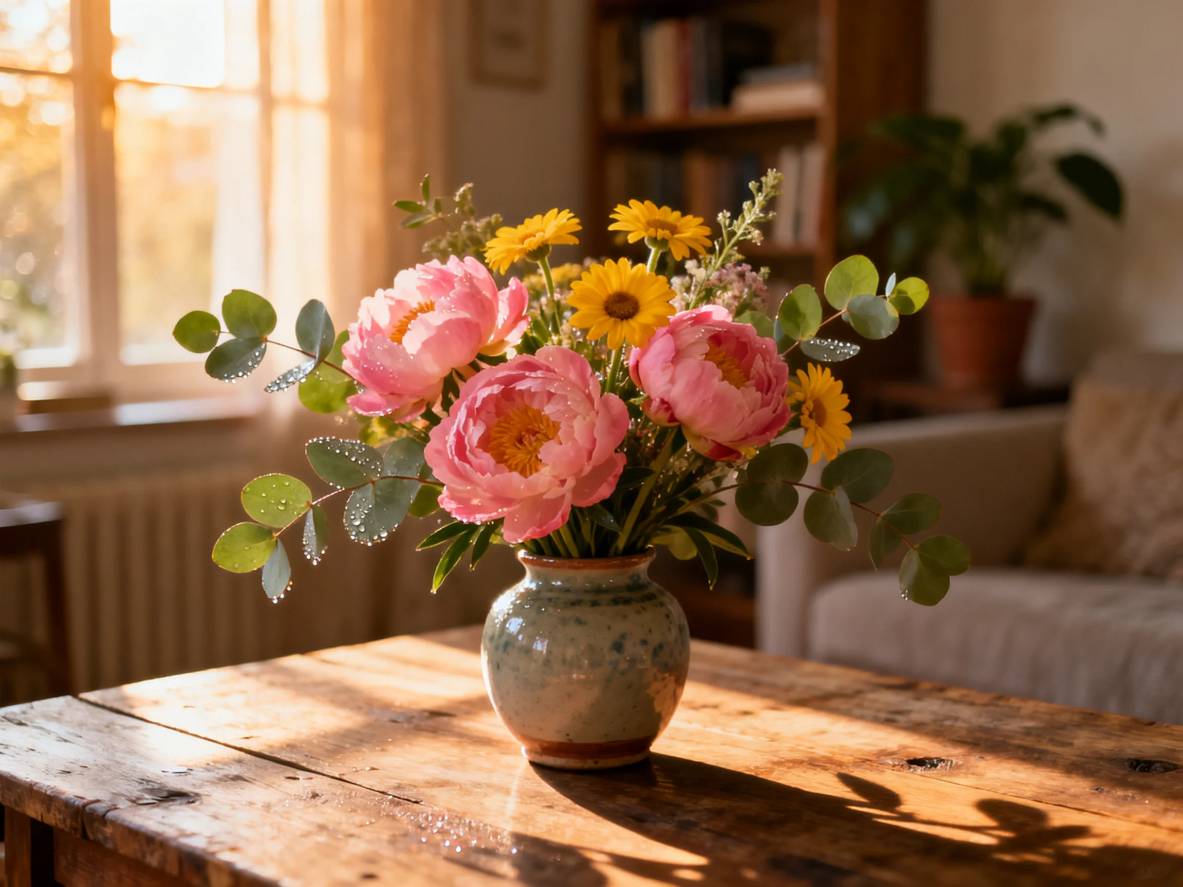 Pink peonies and yellow flowers arranged in a ceramic vase on a rustic table