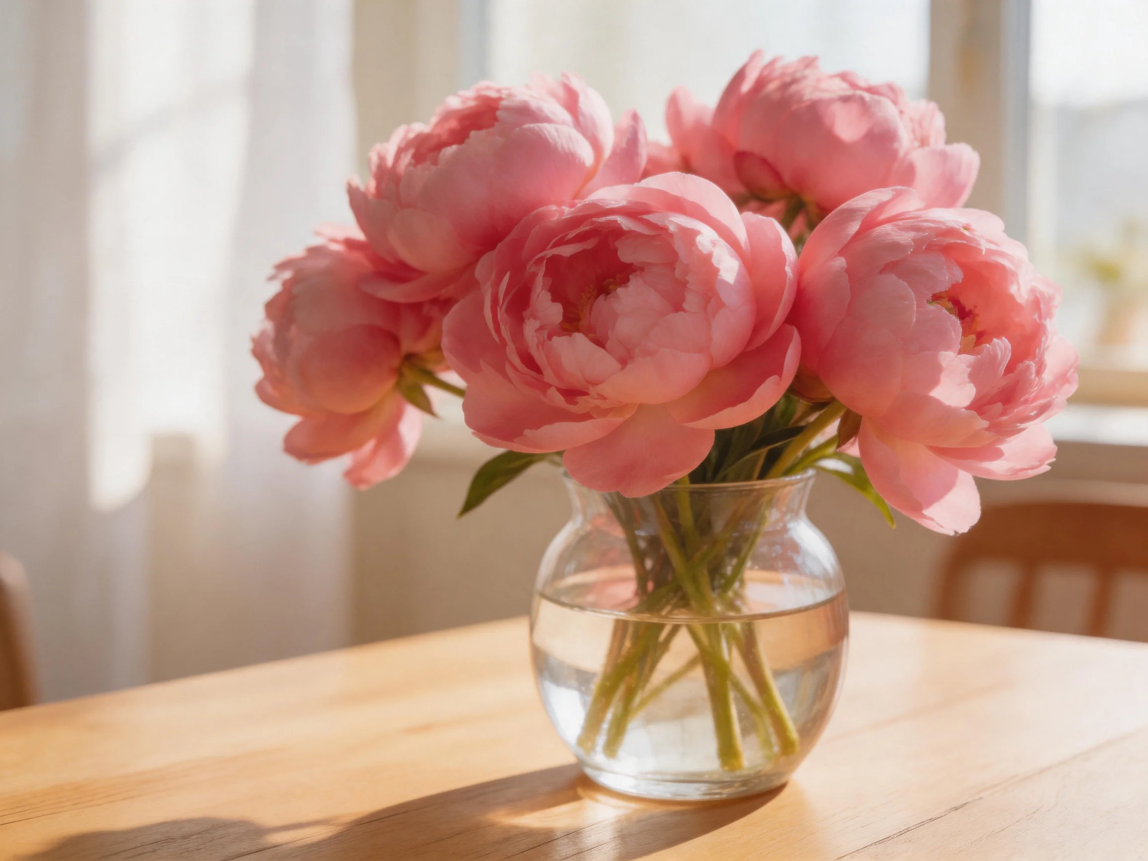Pink peonies arranged in a clear glass vase on a wooden table