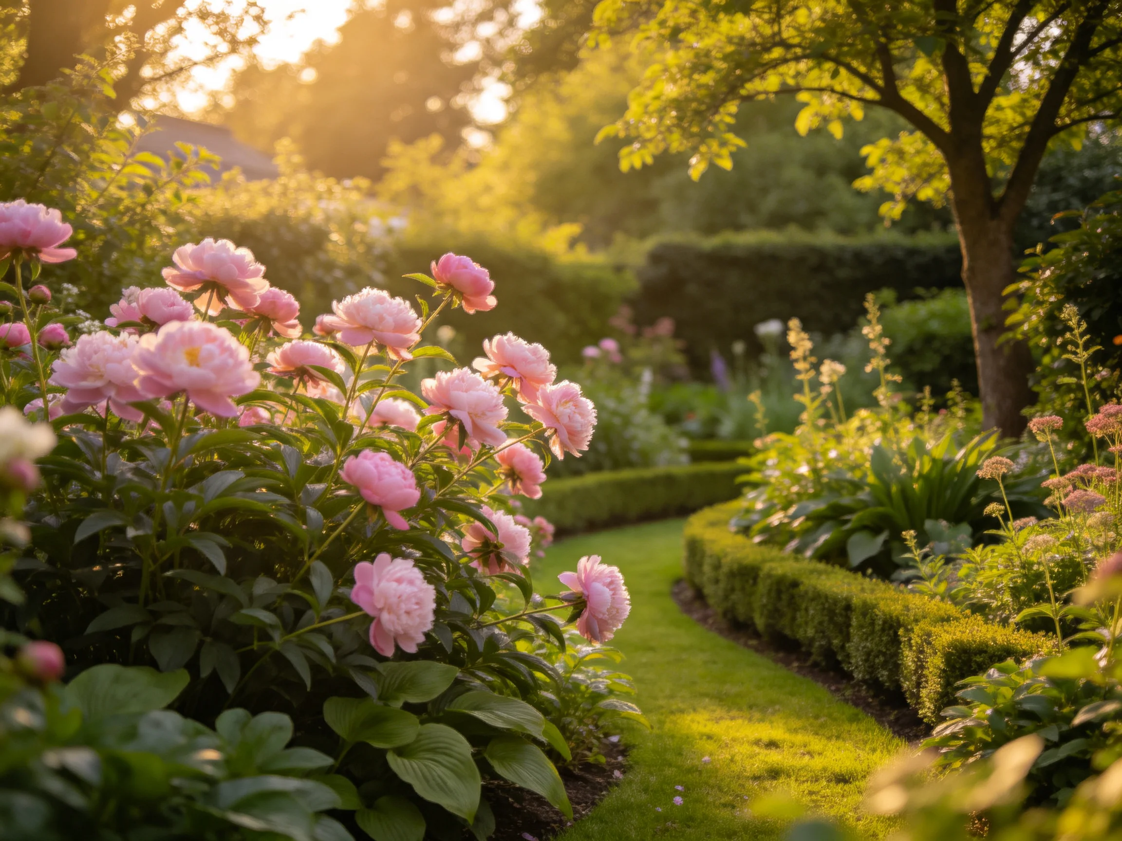 Pink peonies bloom in a sun-drenched formal garden with trimmed hedges