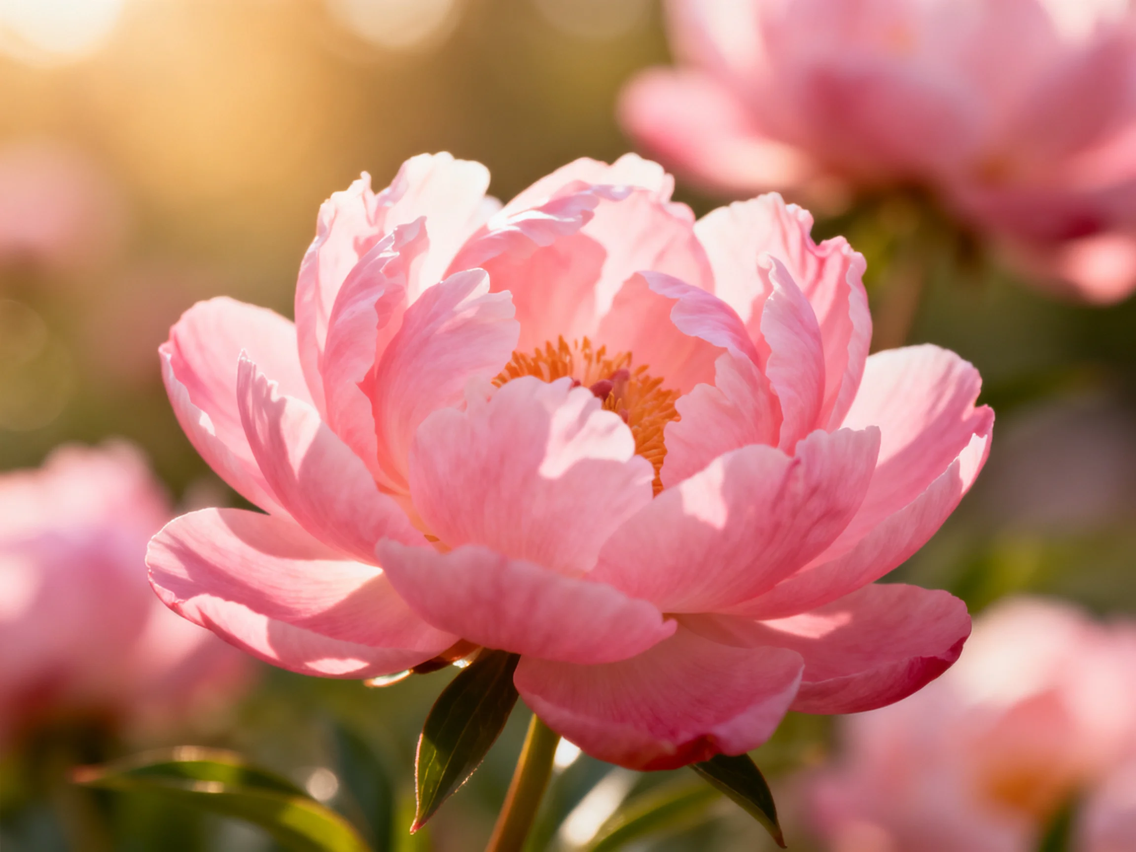 Pink peonies bloom in soft golden sunlight