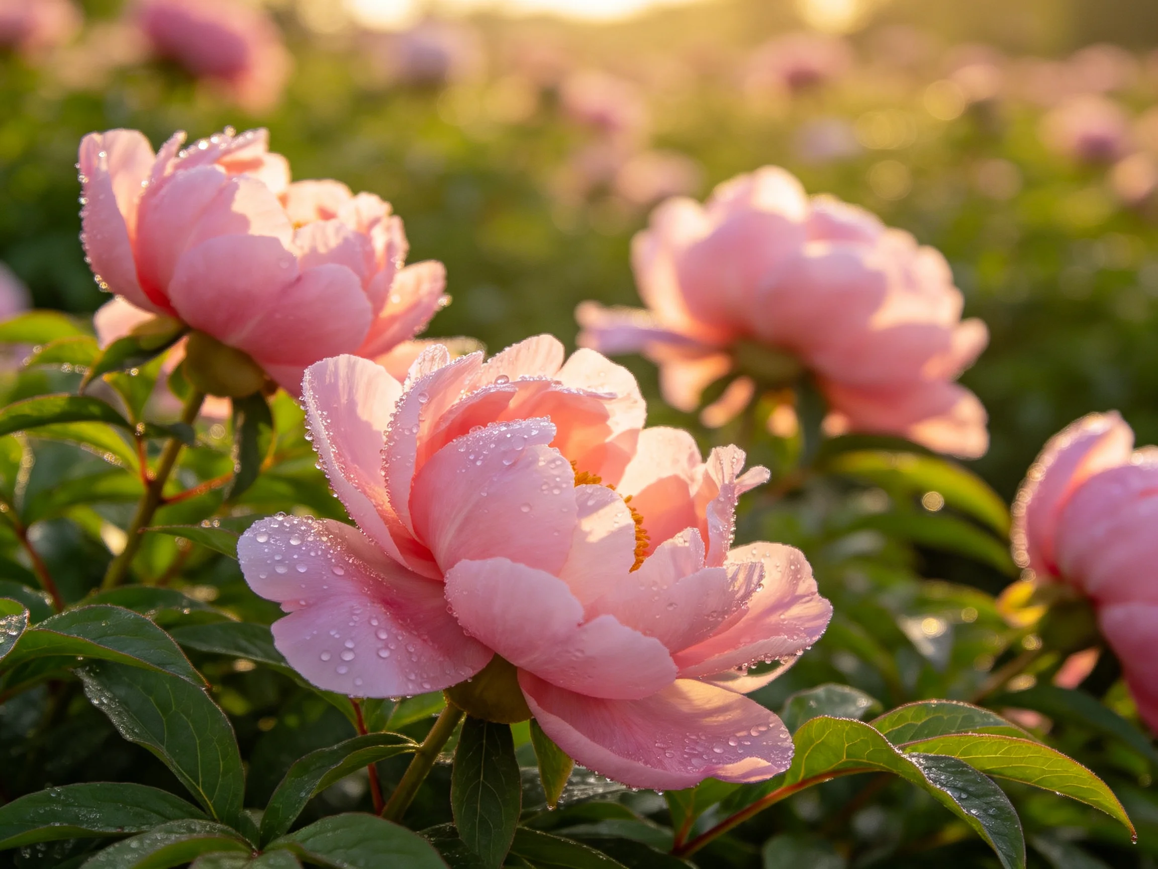Pink peonies with dew drops in a sunlit garden