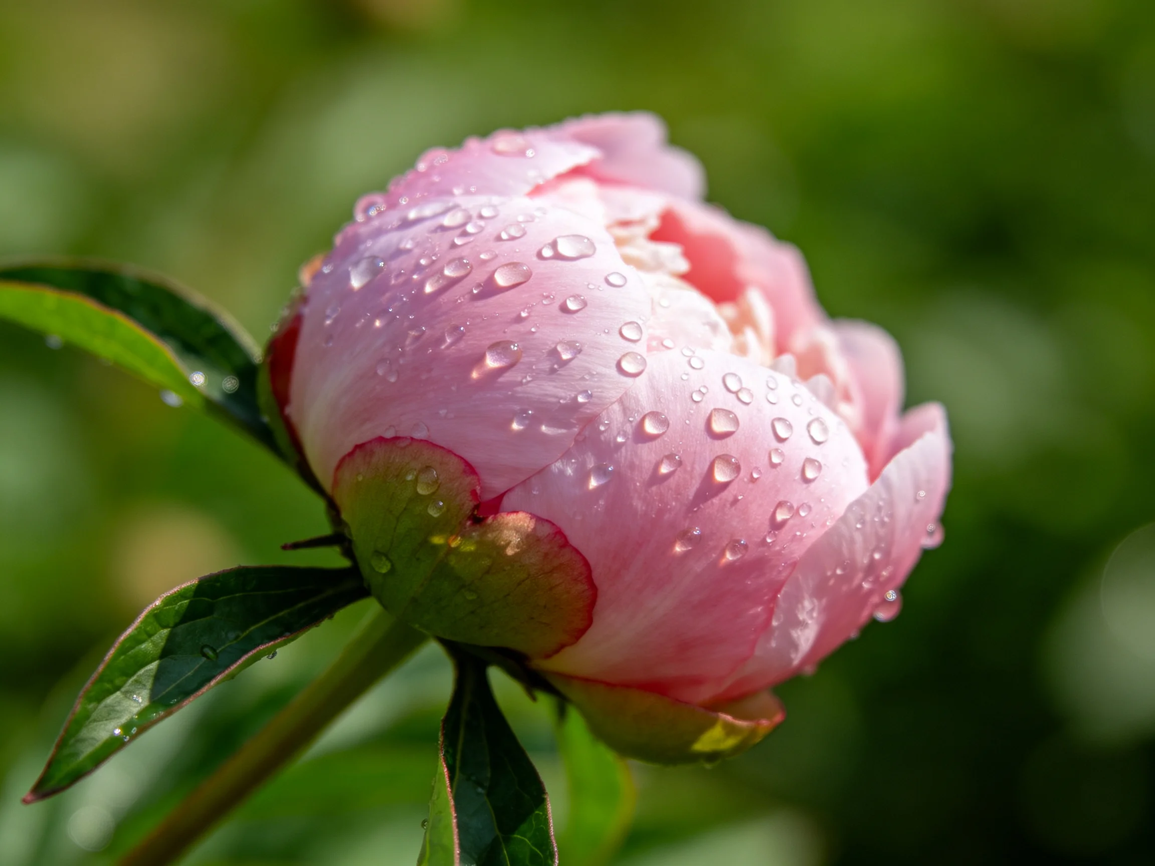 Pink peony bud with dew drops and green foliage