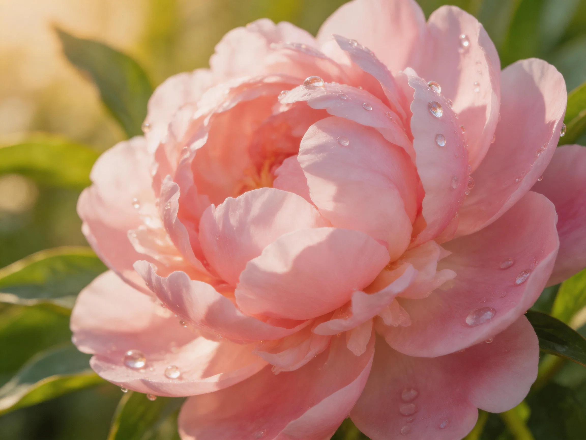 Pink peony with glistening dewdrops amid lush green leaves