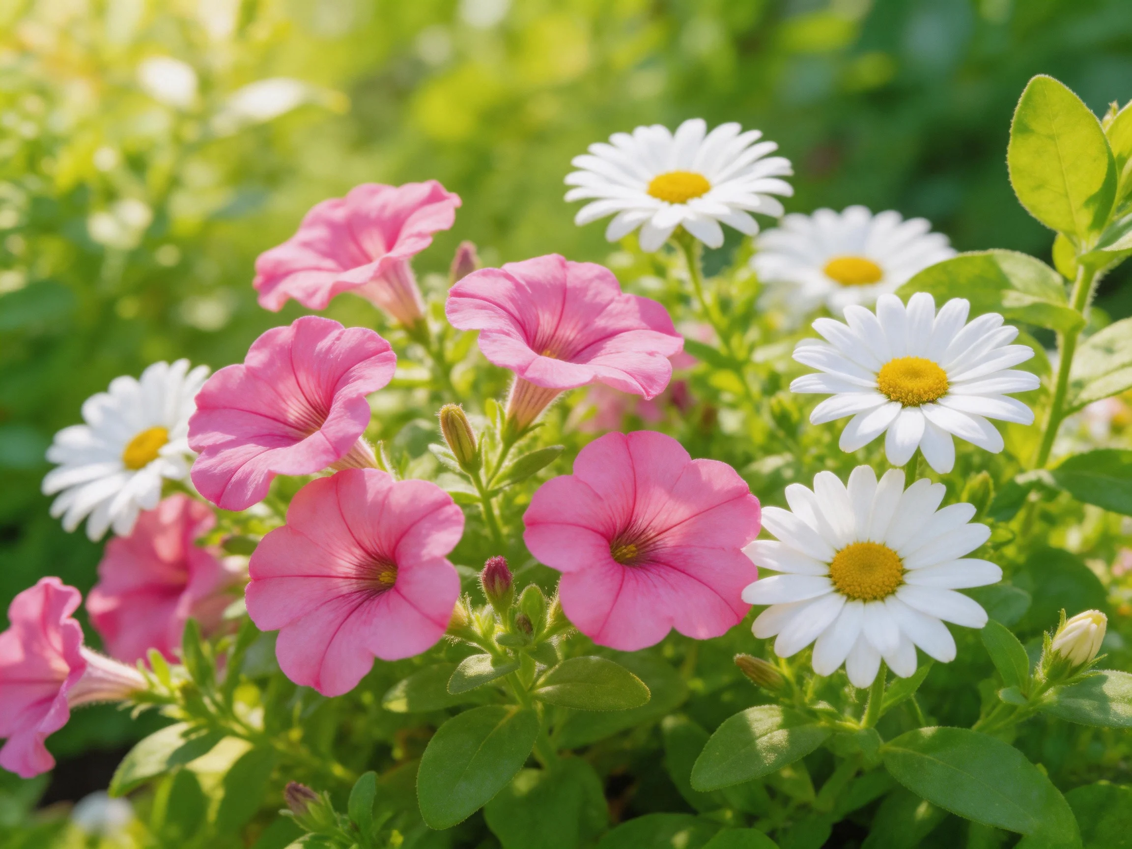 Pink petunias and white daisies bloom amidst lush green foliage