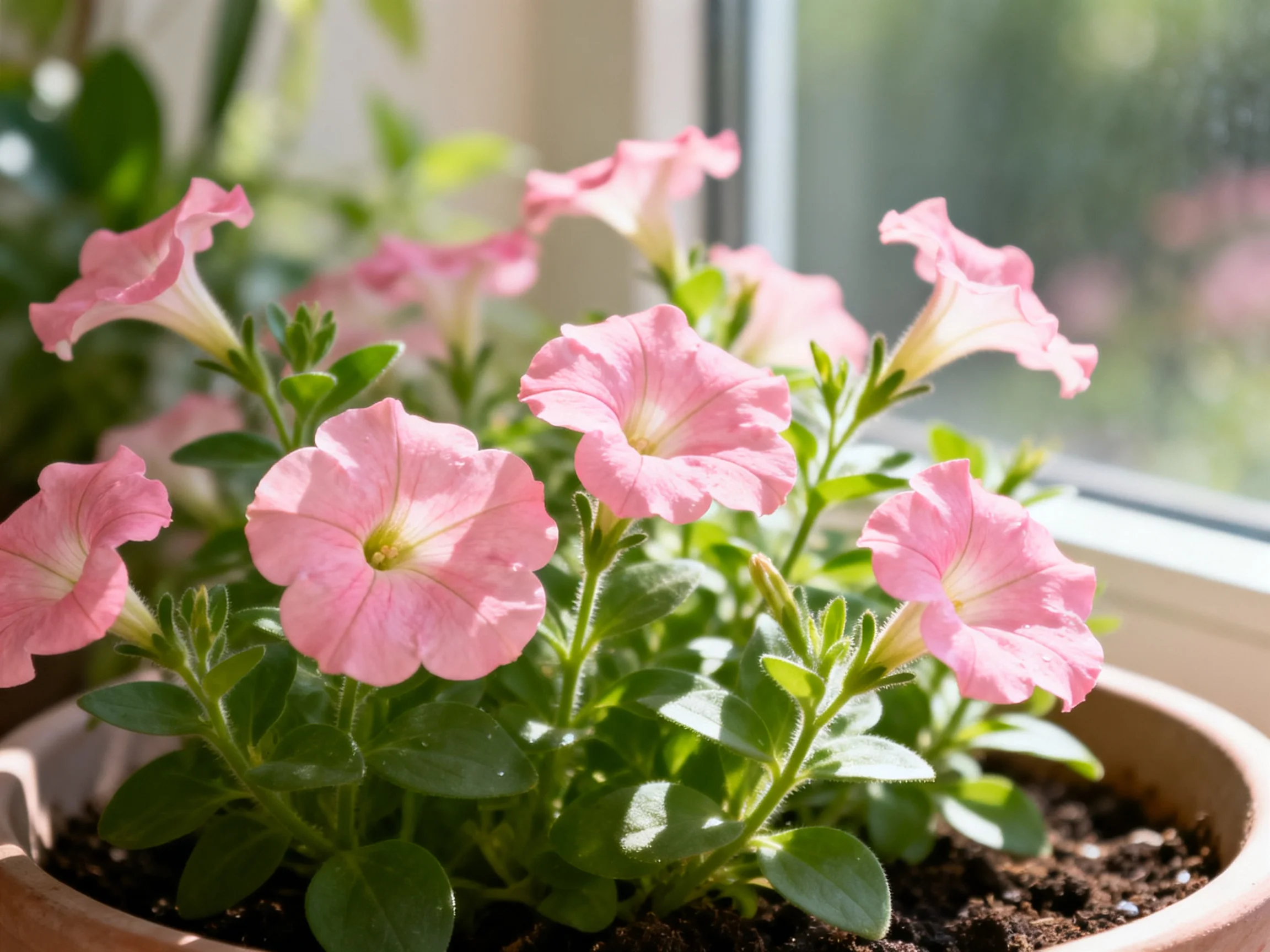 Pink petunias bloom vibrantly in a terracotta pot near a sunlit window
