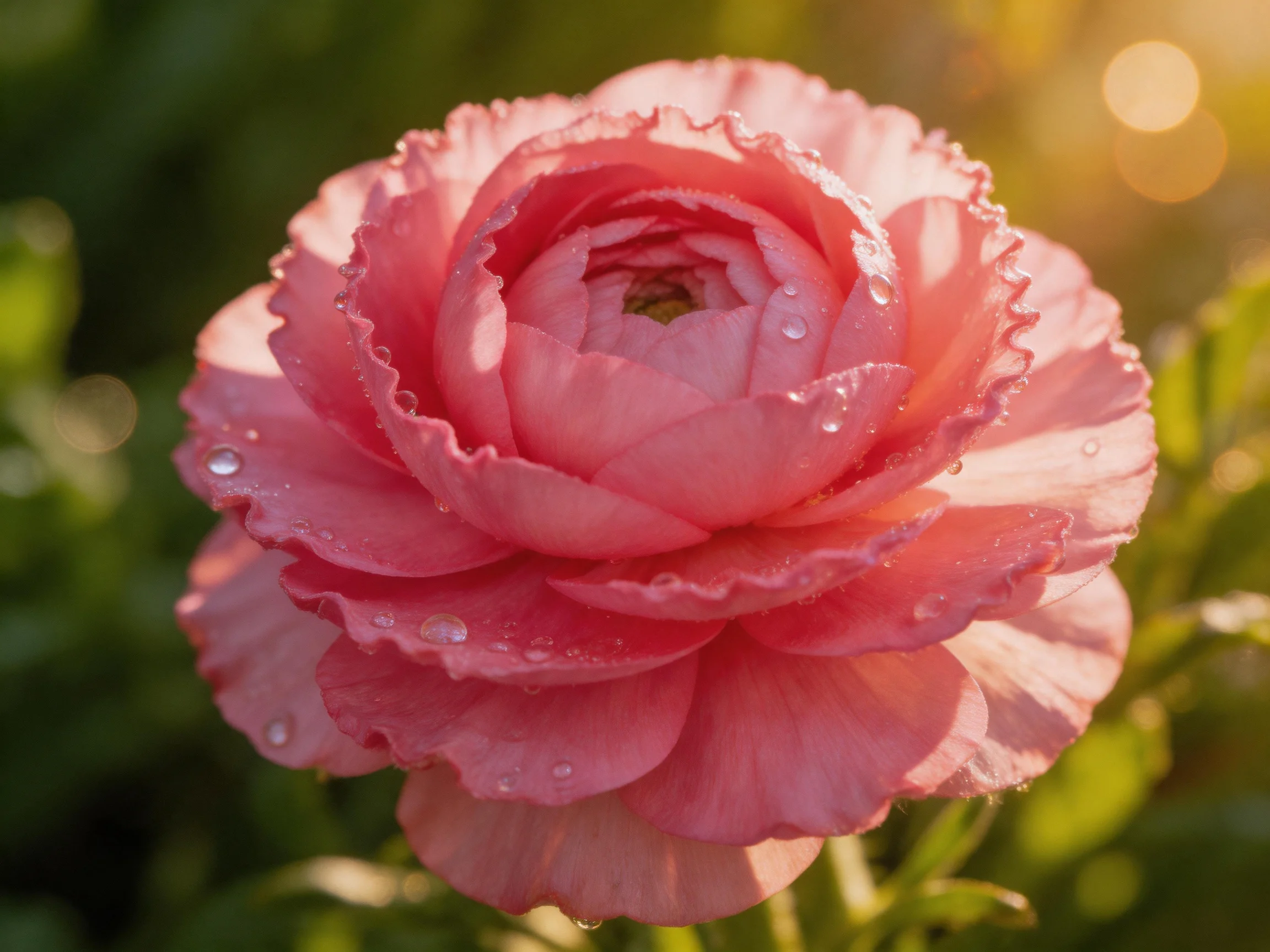 Pink ranunculus flower with dew drops in soft natural light