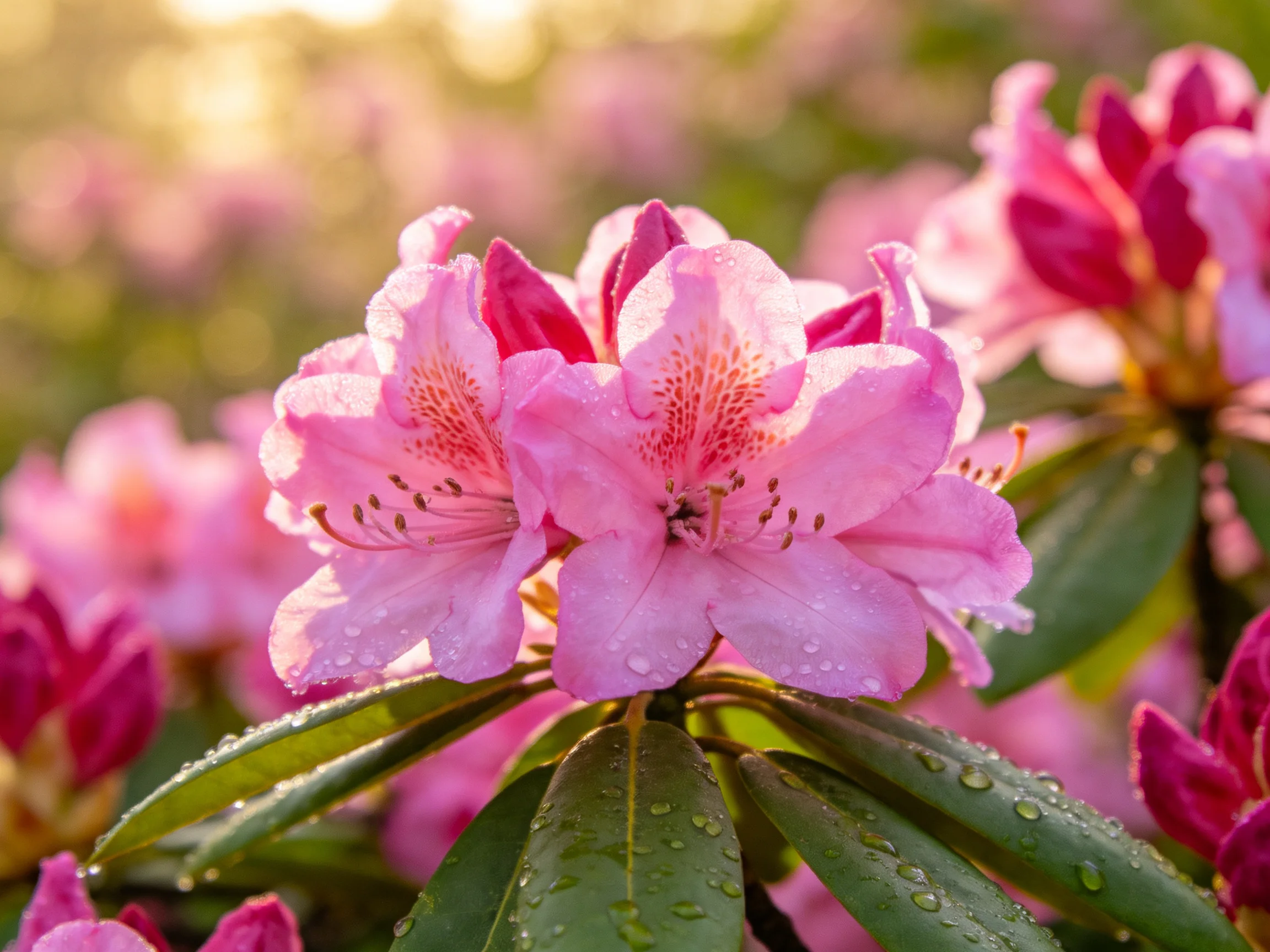 Pink rhododendron blooms with dewdrops in soft sunlight