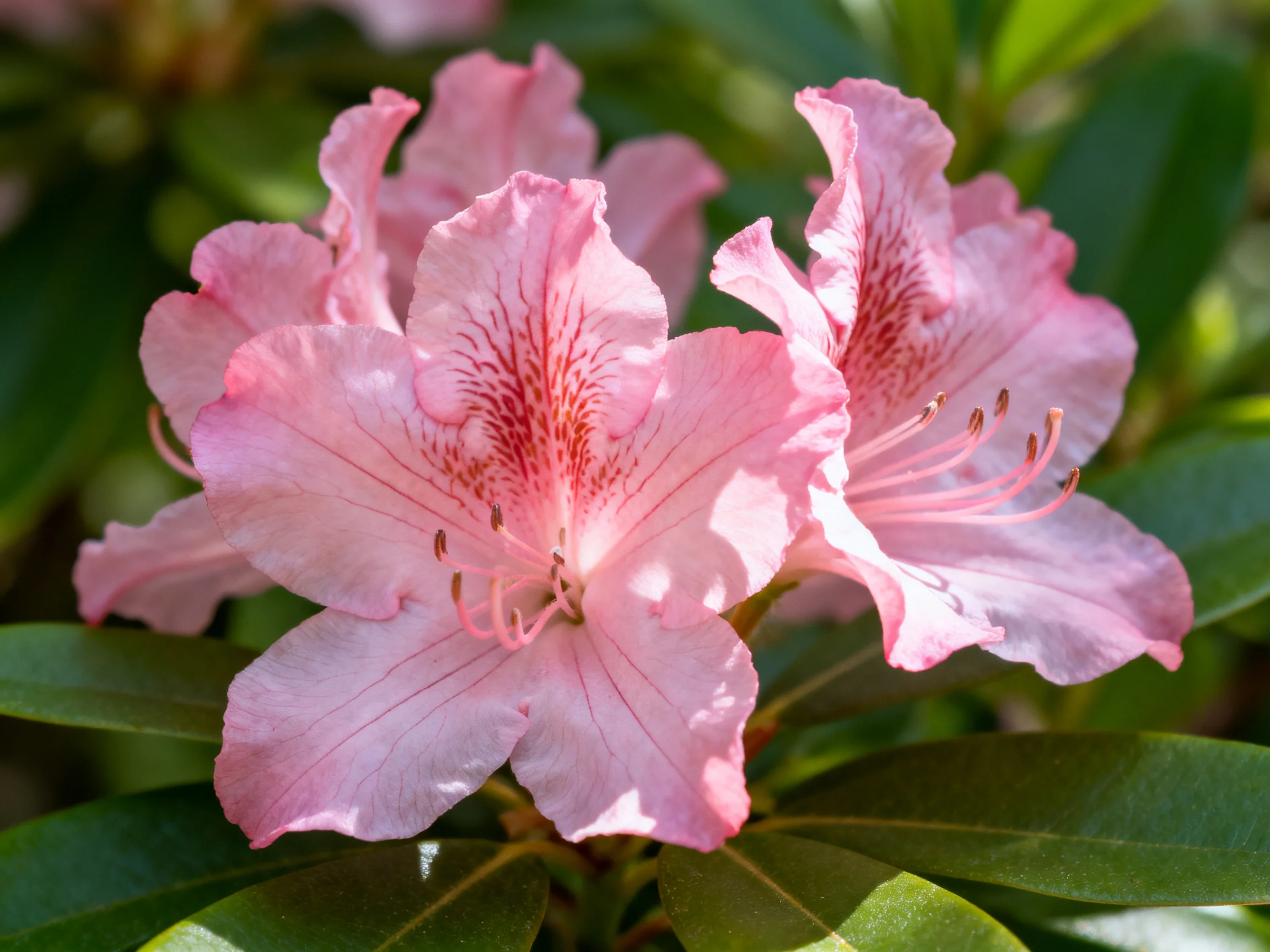 Pink rhododendron blooms with reddish patterns among green foliage