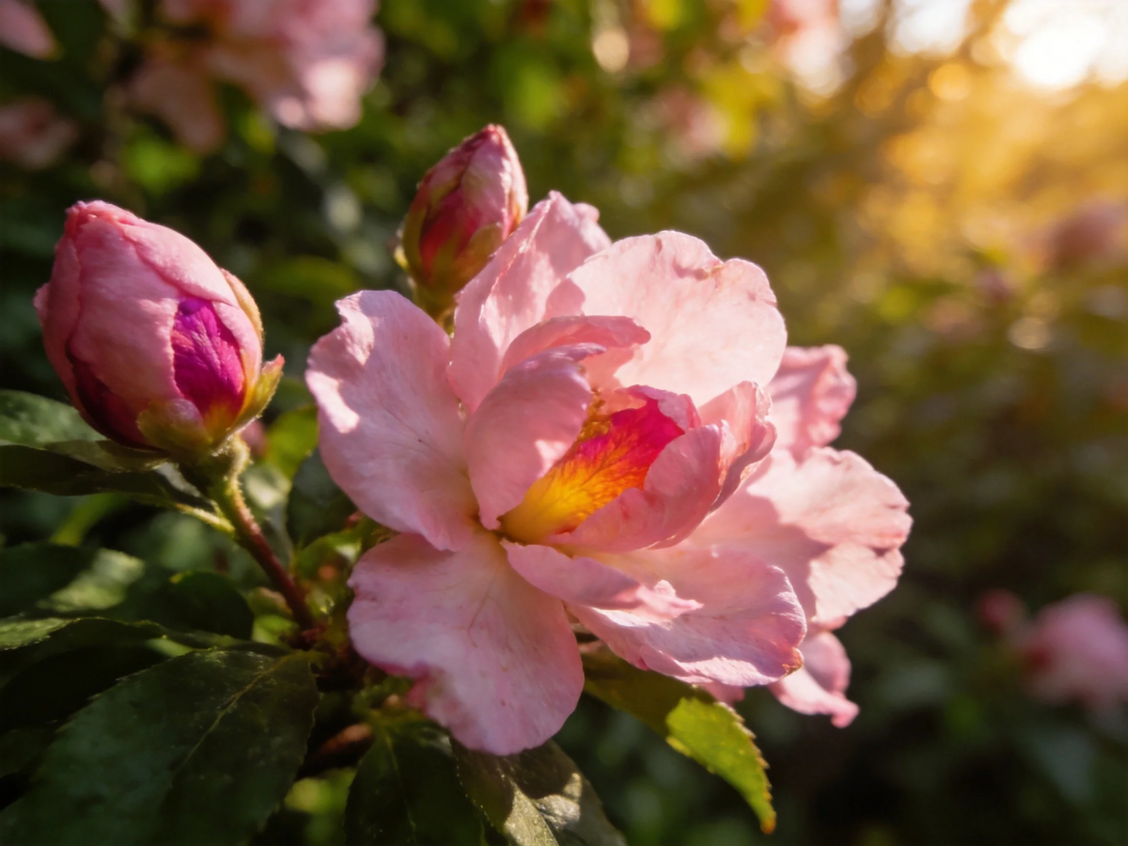 Pink rose blooms and unopened buds with green foliage under golden sunlight