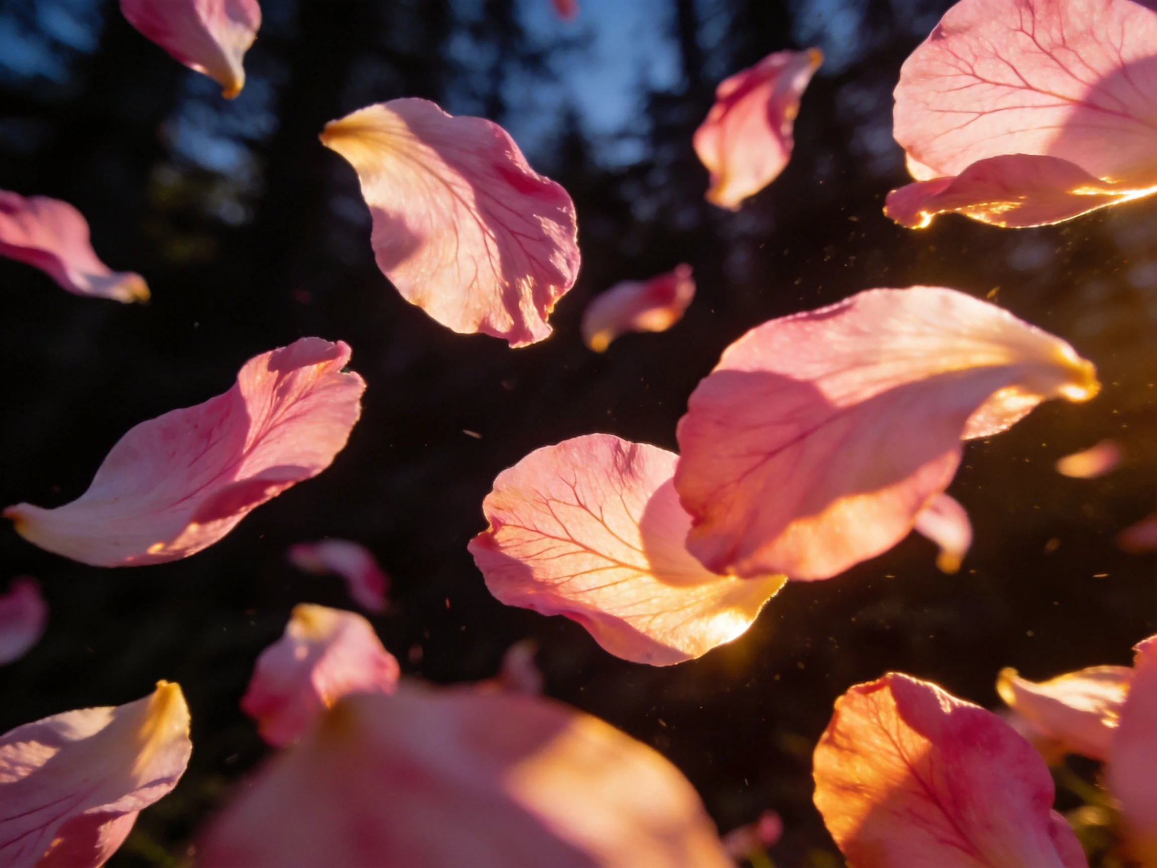 Pink rose petals floating in sunlight among dark trees