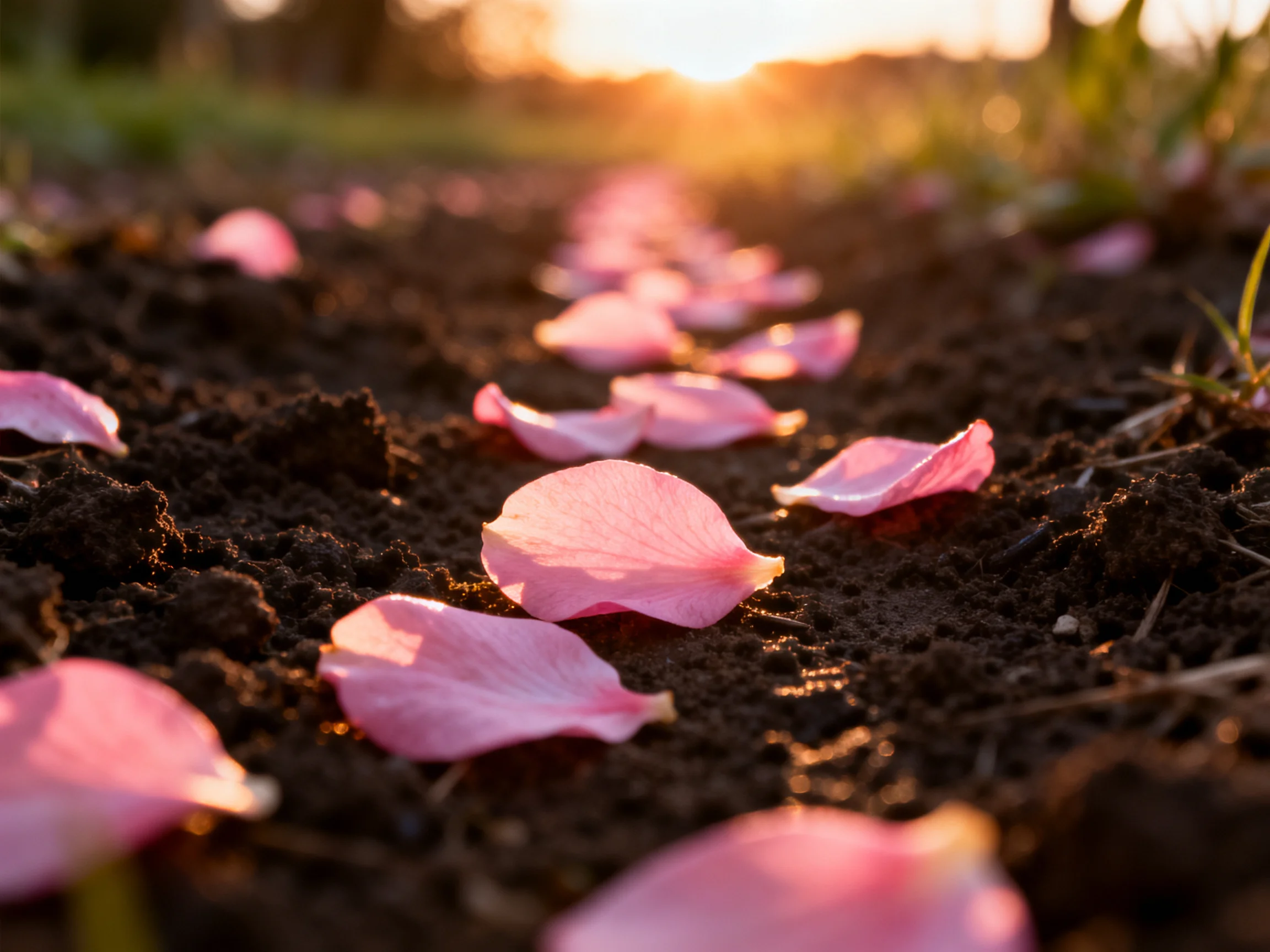 Pink rose petals scattered on dark soil under golden sunlight