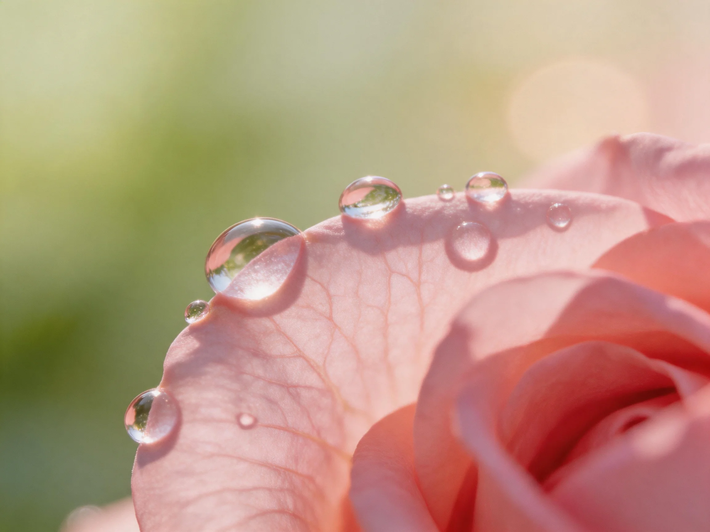 Pink rose petals with multiple clear water droplets