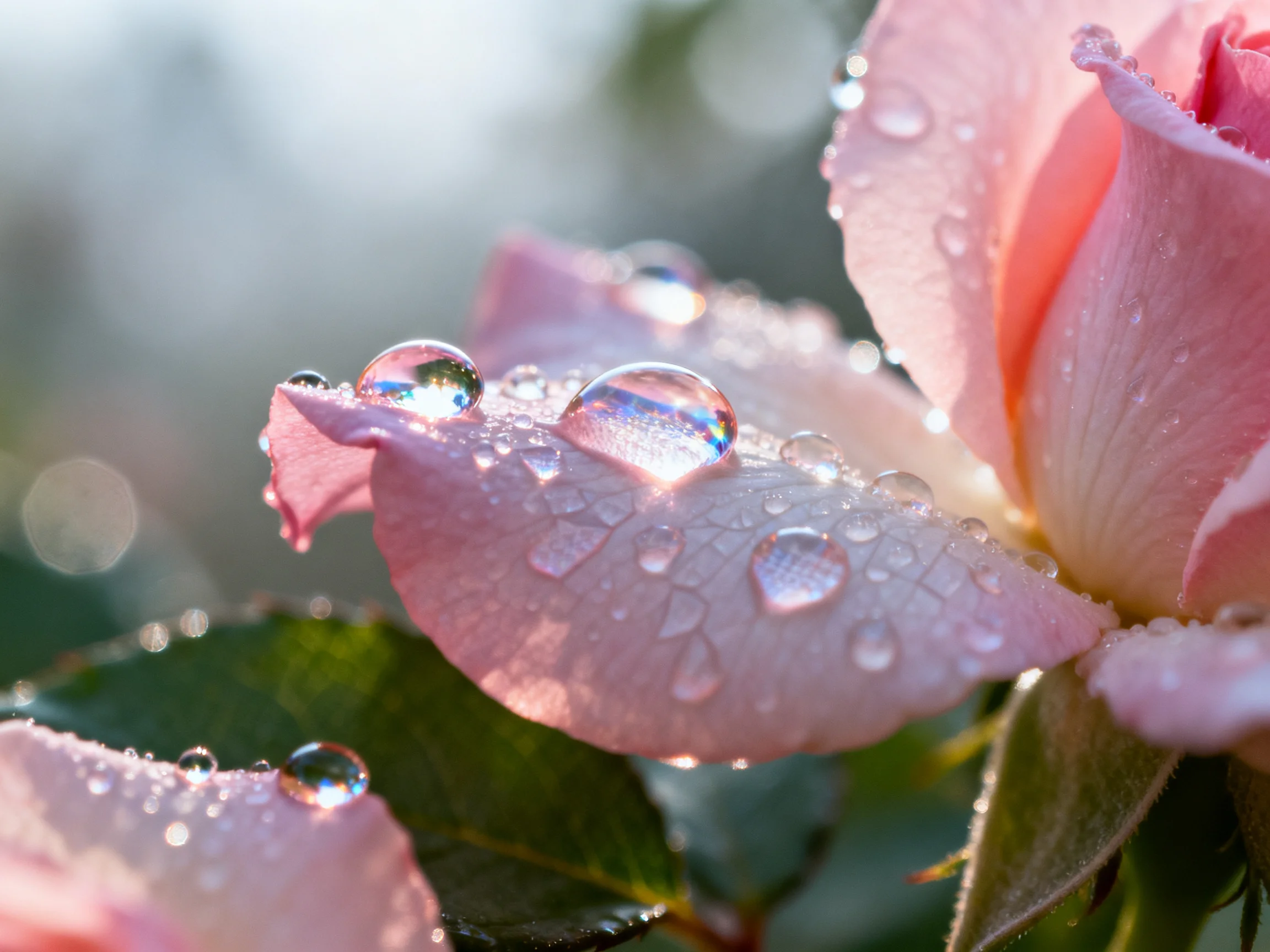 Pink rose petals with sparkling dewdrops under soft light