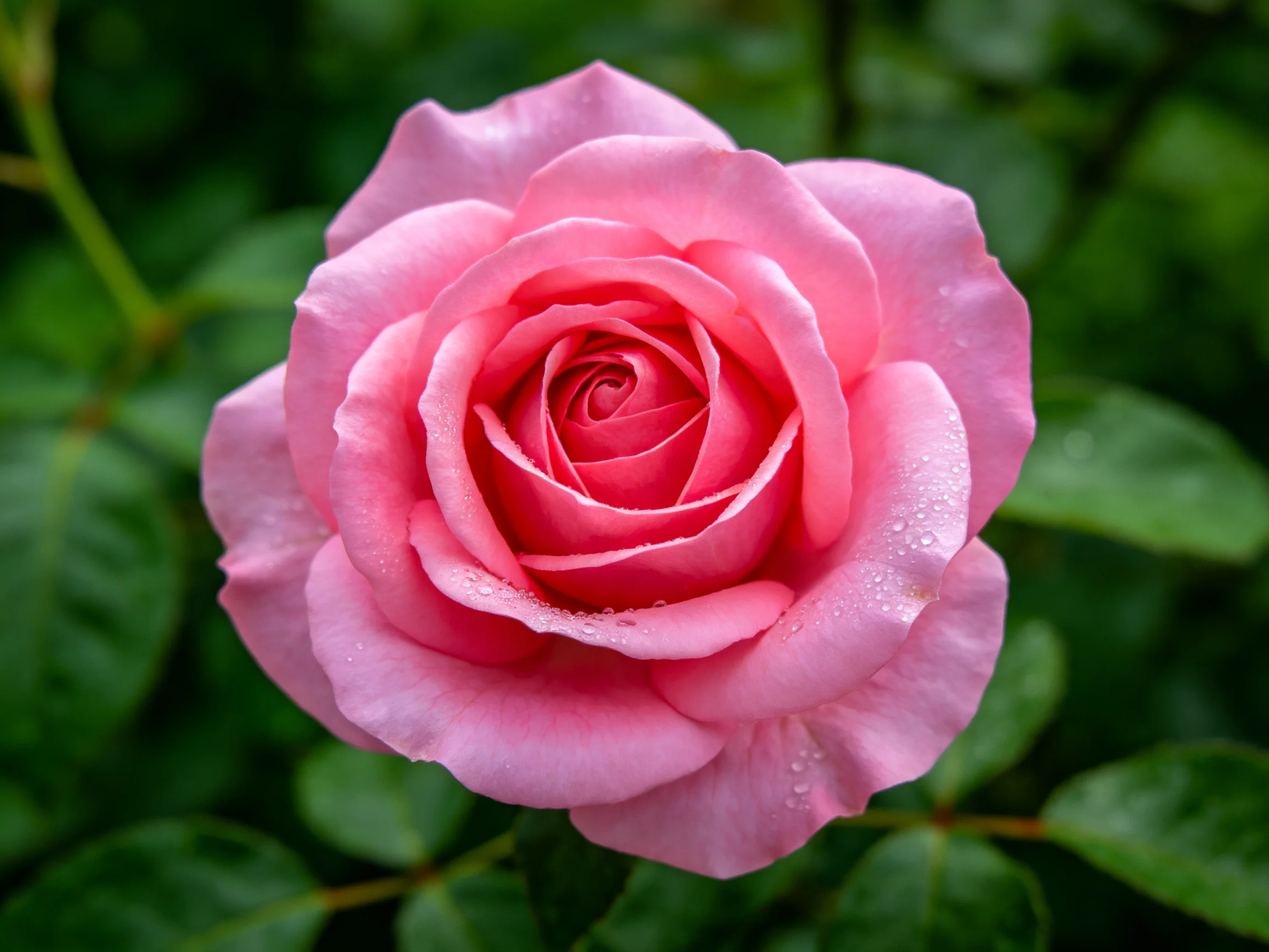 Pink rose with water droplets among green foliage