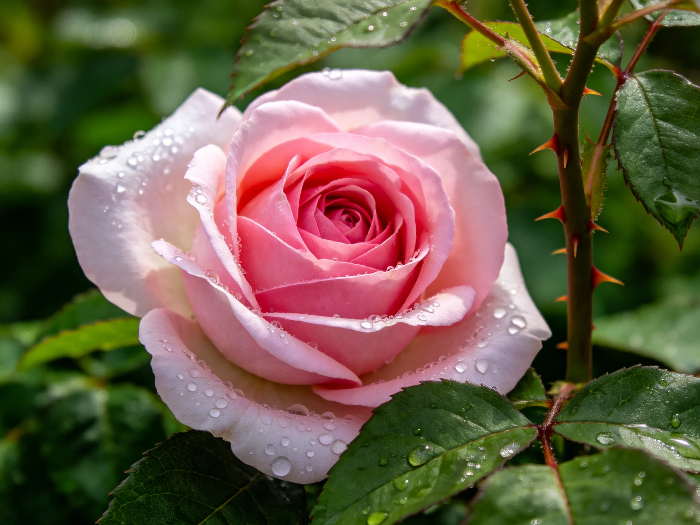 Pink rose with water droplets near thorny stem and green leaves