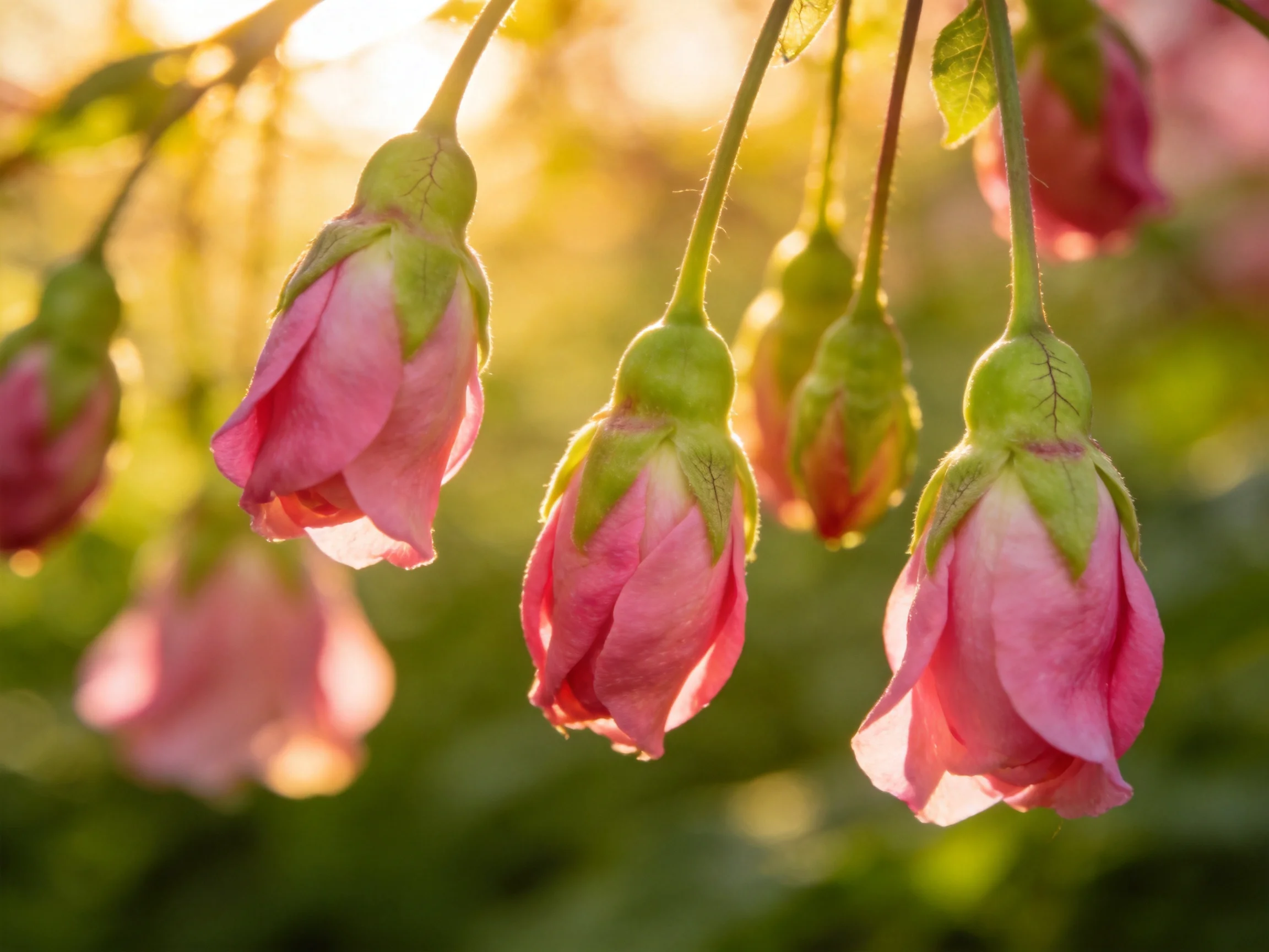 Pink rosebuds gracefully hang amid golden sunlight