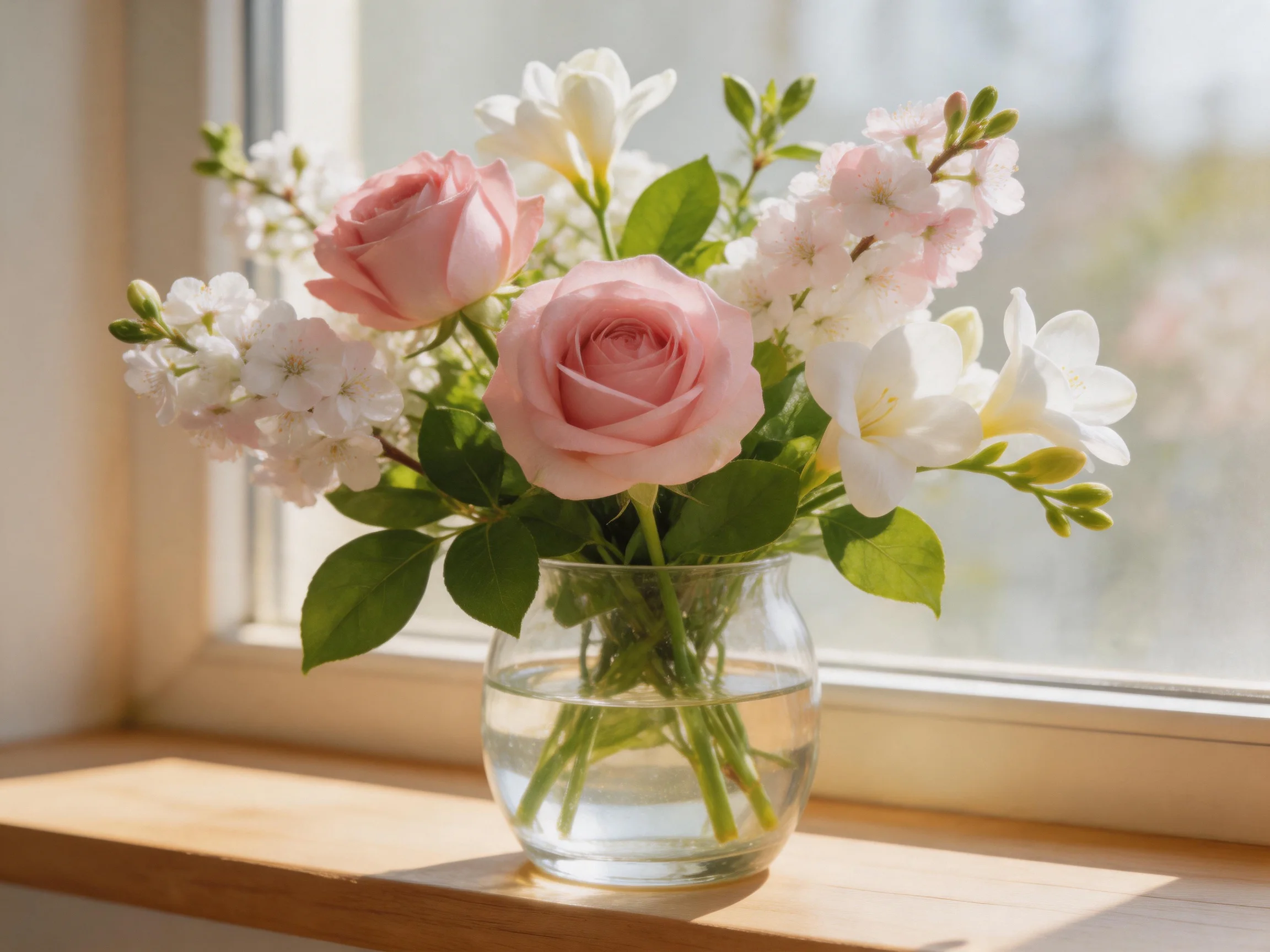 Pink roses and assorted flowers in a glass vase on a windowsill