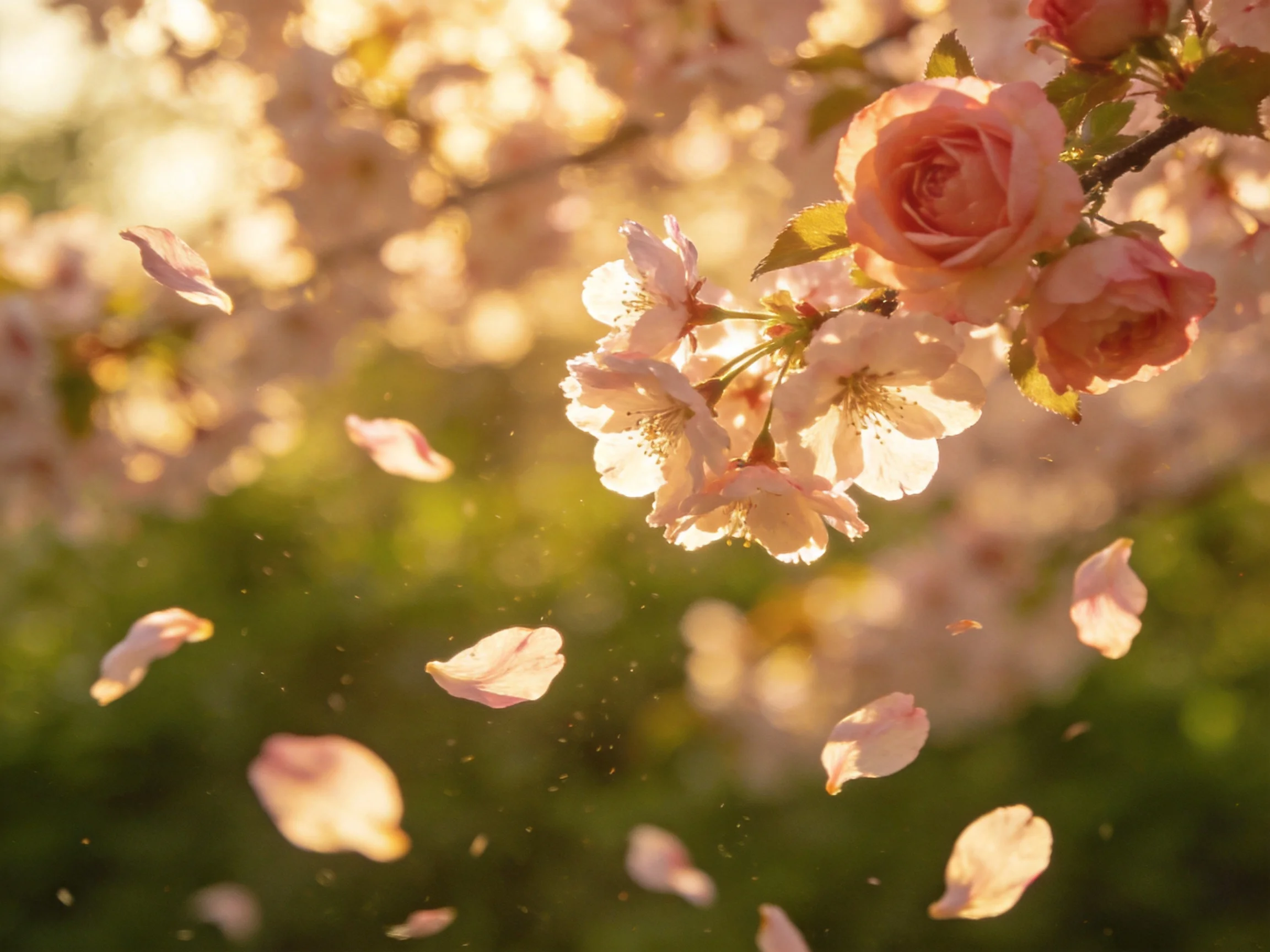 Pink roses and cherry blossoms bloom amid falling petals in golden sunlight