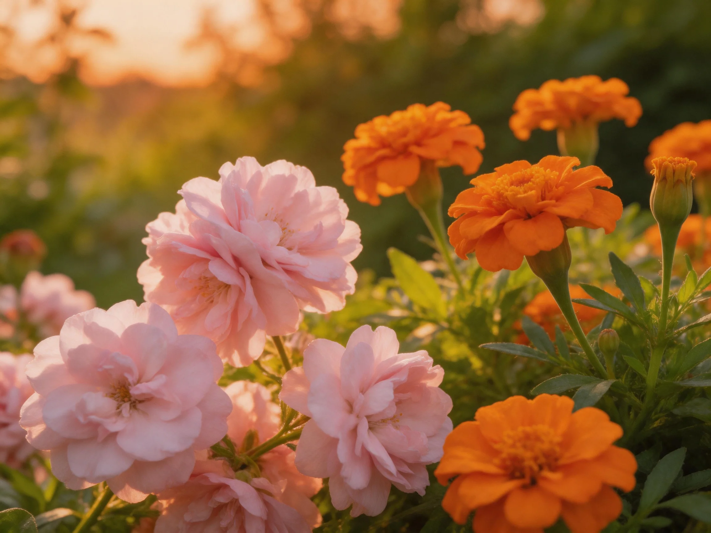Pink roses and orange marigolds bloom under golden sunset light