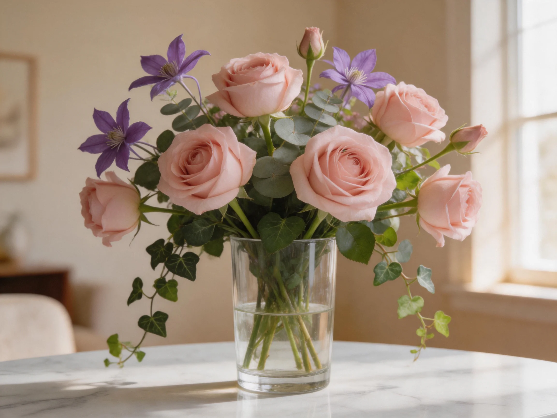 Pink roses and purple blooms in a clear glass vase