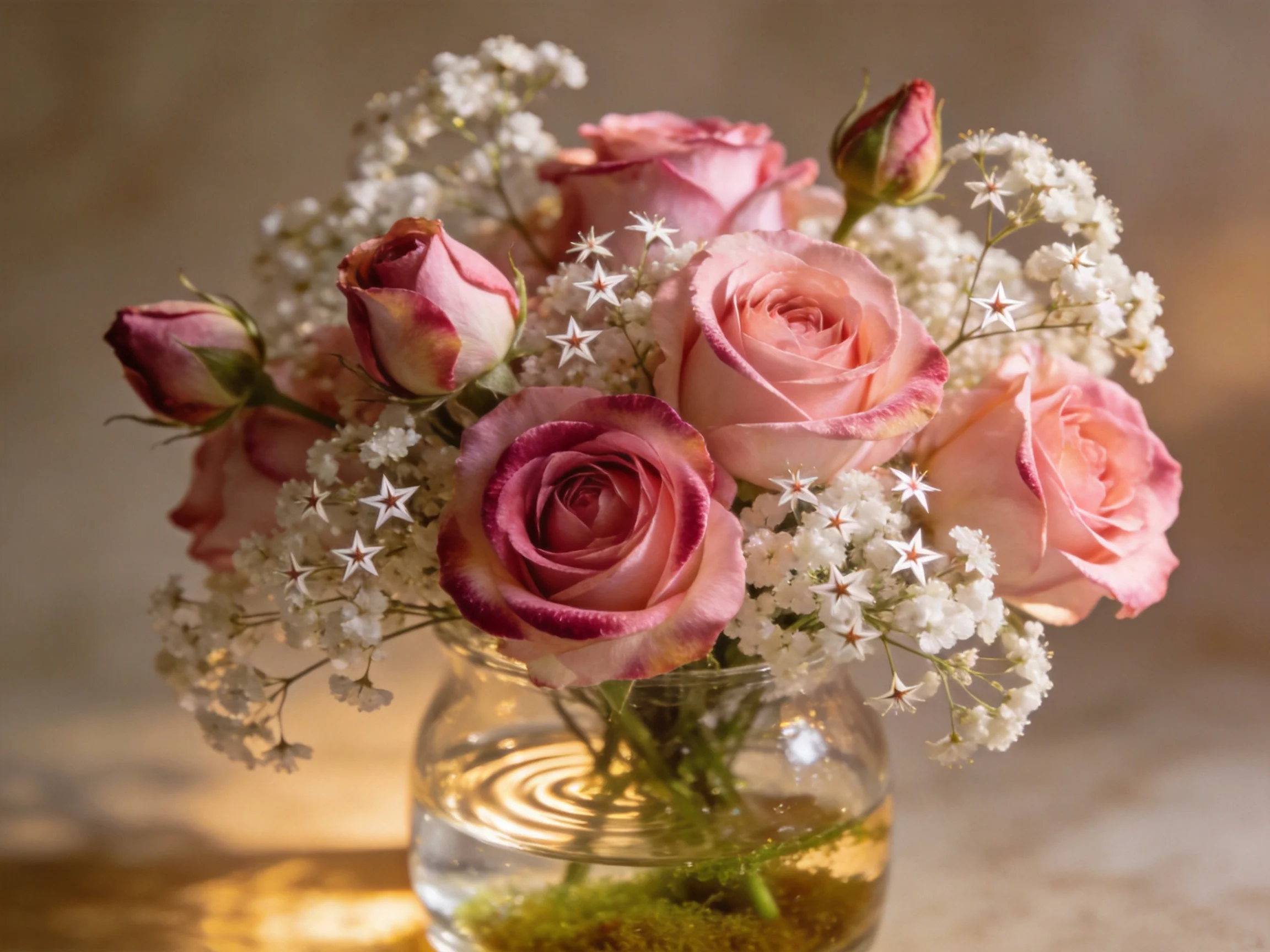 Pink roses and white baby’s breath arranged in a glass vase