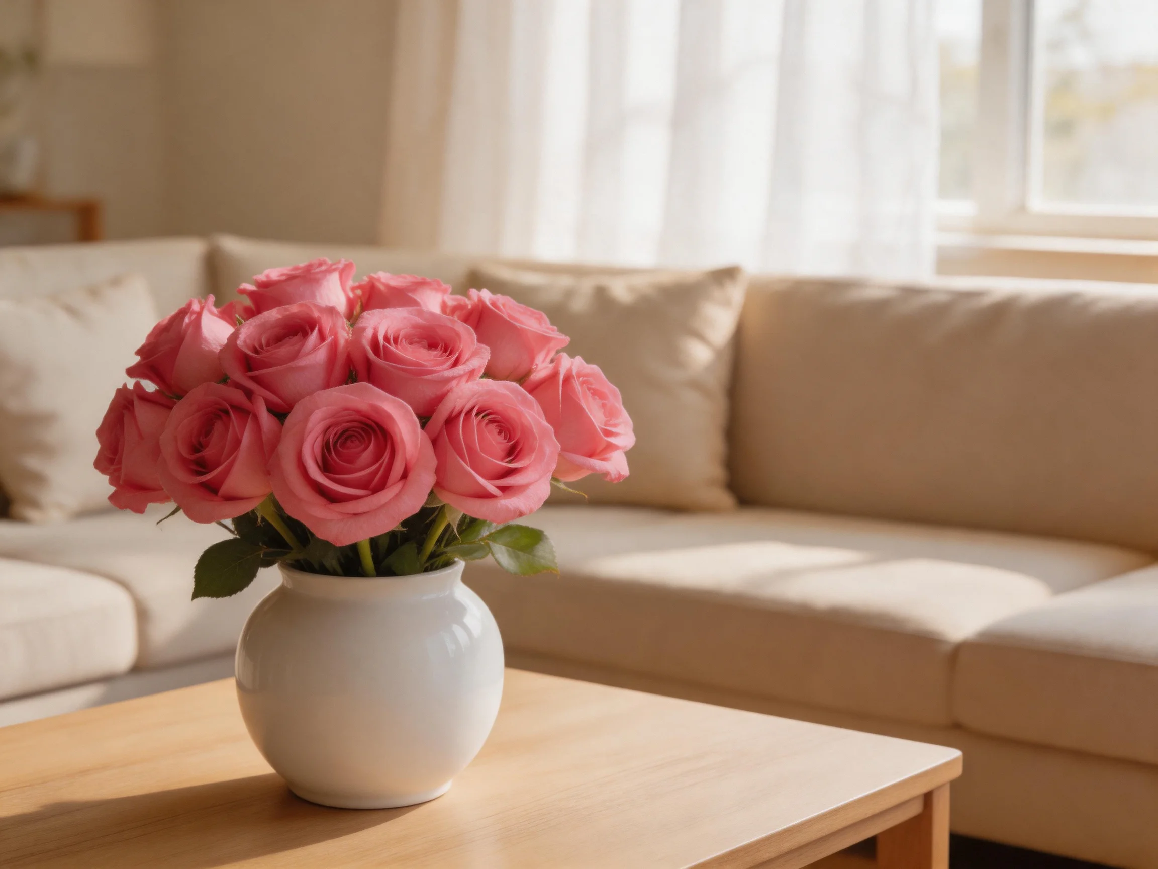 Pink roses arranged in a white vase on a wooden table beside a beige sofa