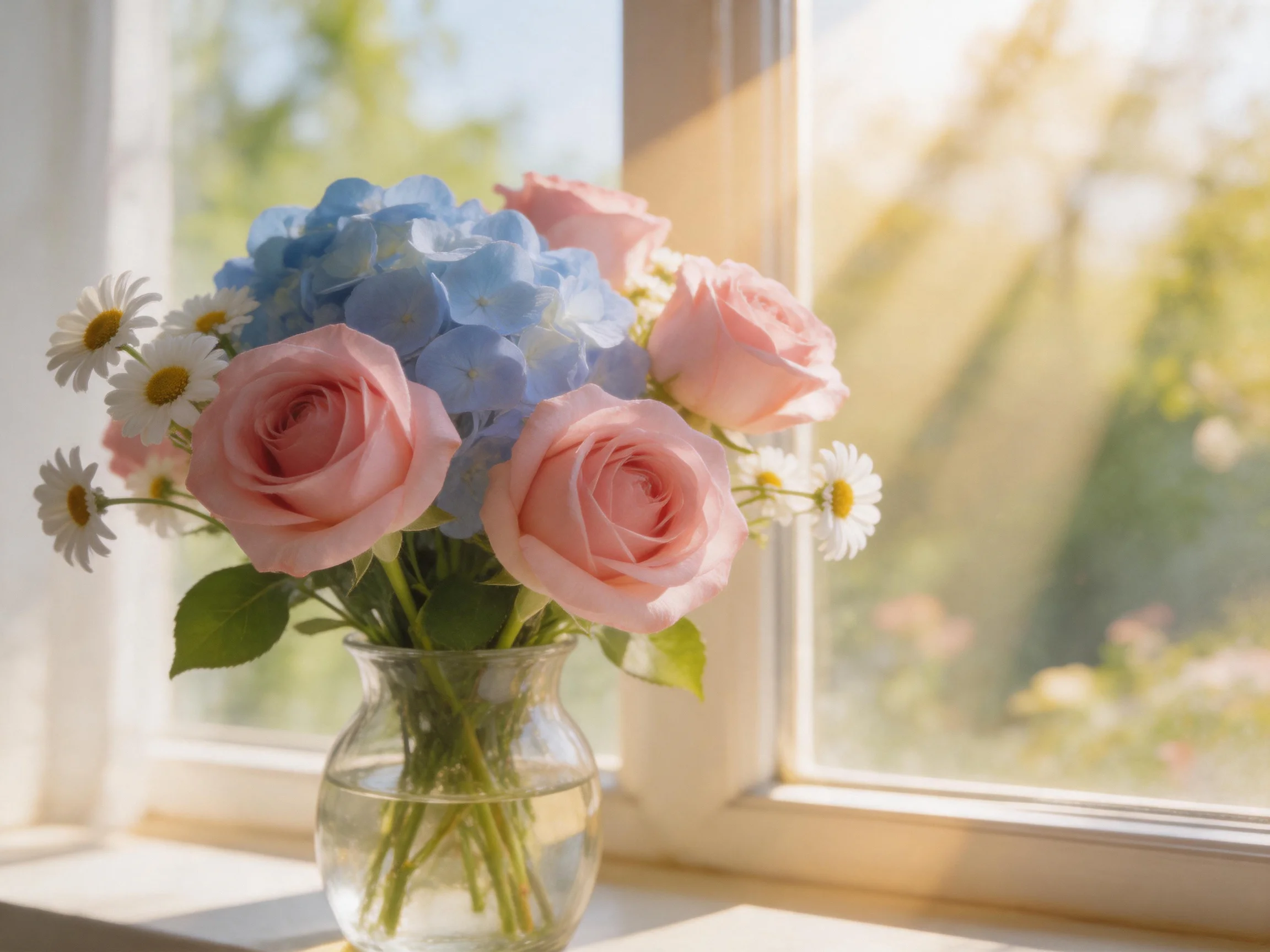 Pink roses, blue hydrangeas, and white daisies in a glass vase by a sunlit window